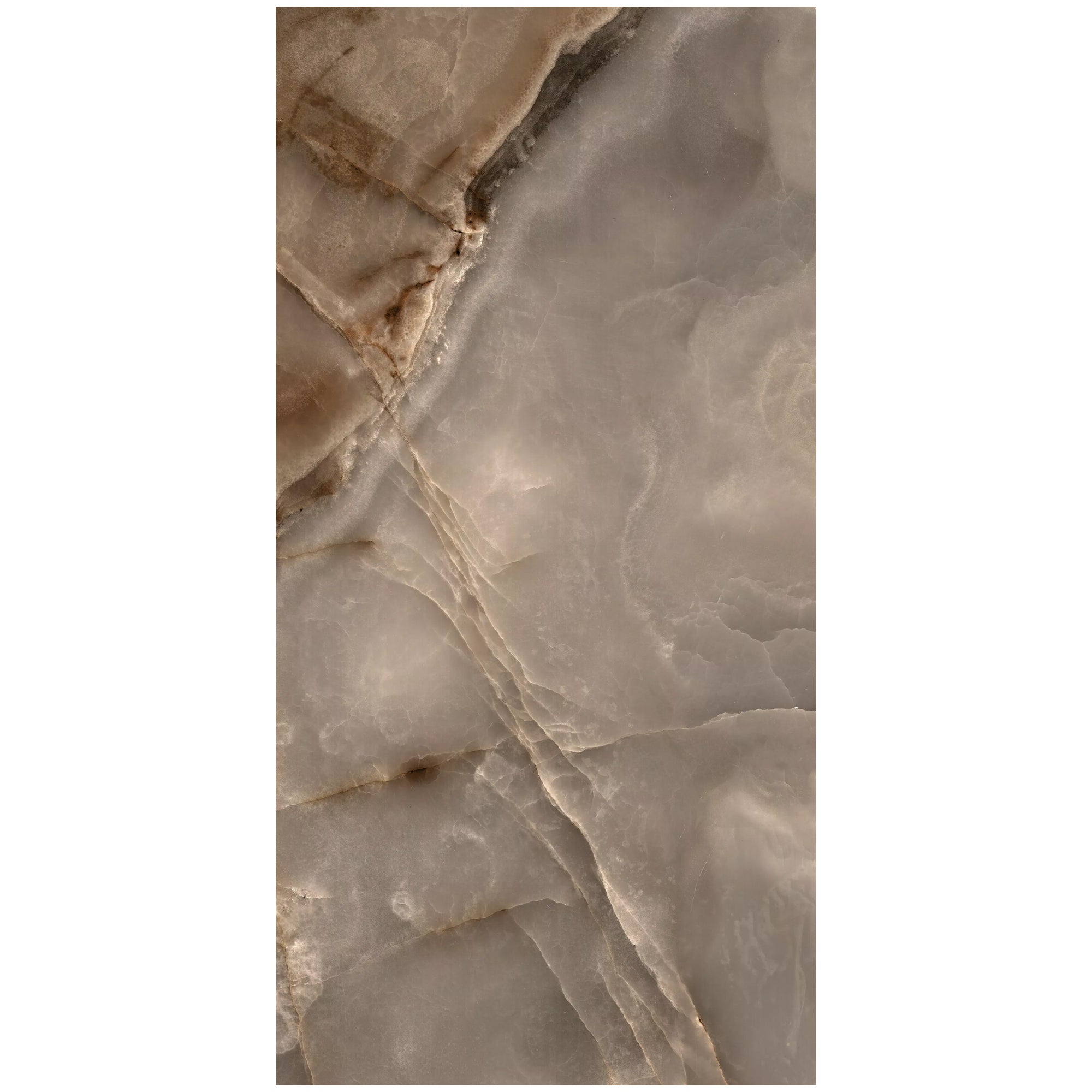 Sample of the Rêves Choco Onyx-effect porcelain tile in gloss, supplied by Deluxe Bathrooms.