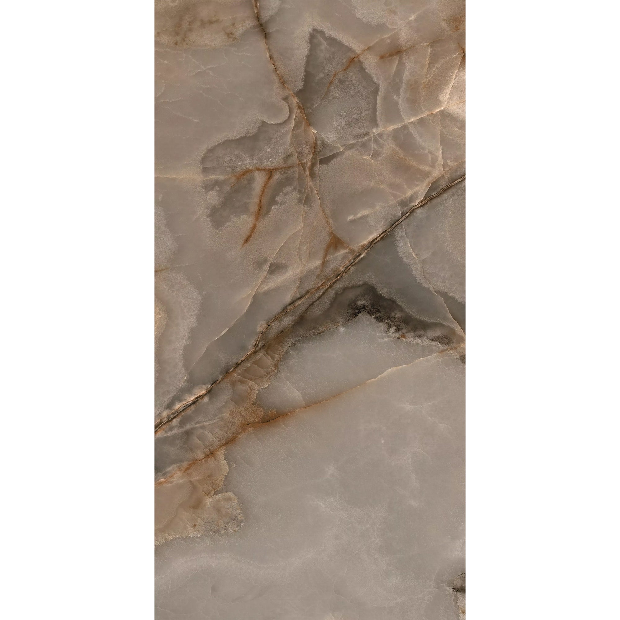 Sample of the Rêves Choco Onyx-effect porcelain tile in gloss, supplied by Deluxe Bathrooms.
