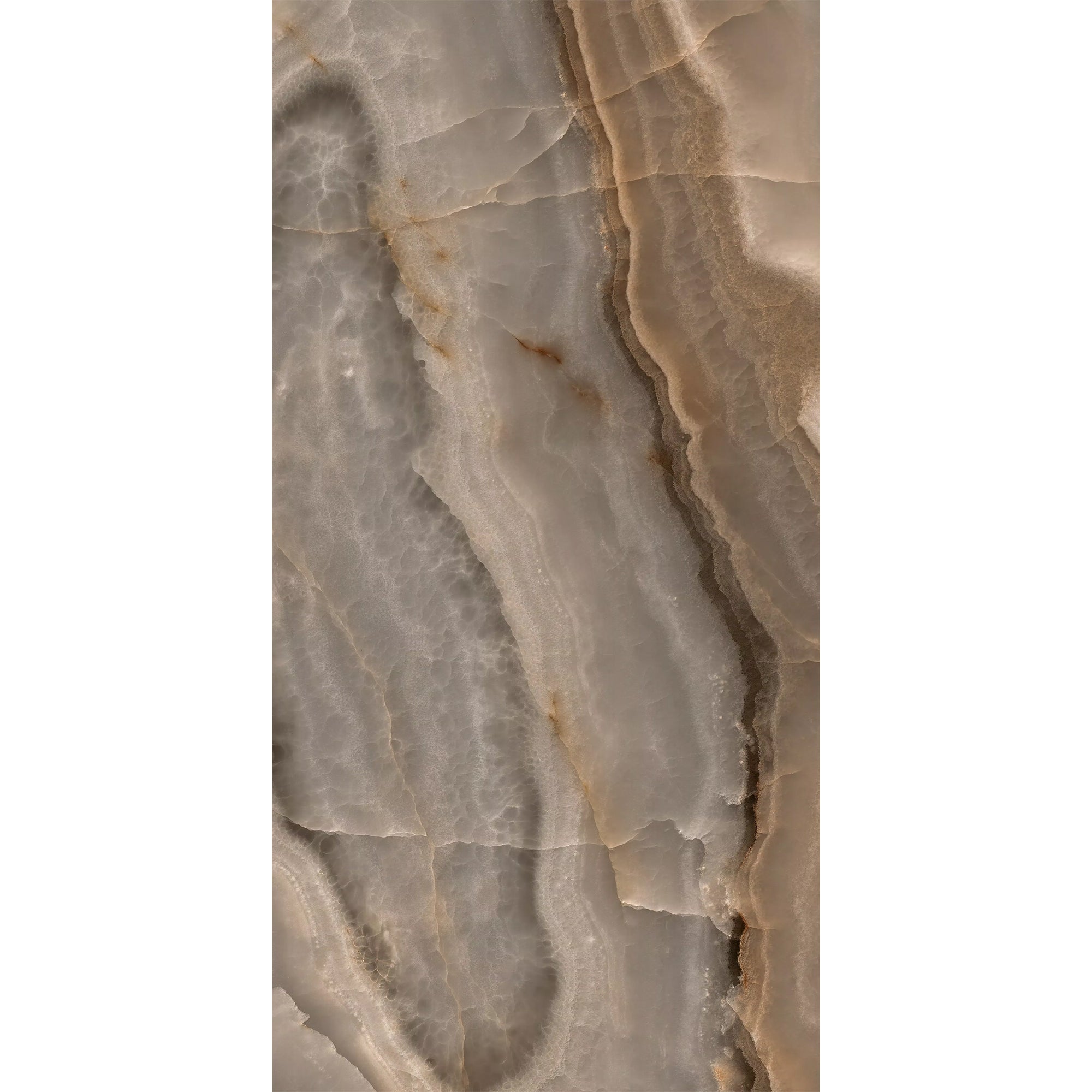 Sample of the Rêves Choco Onyx-effect porcelain tile in gloss, supplied by Deluxe Bathrooms.