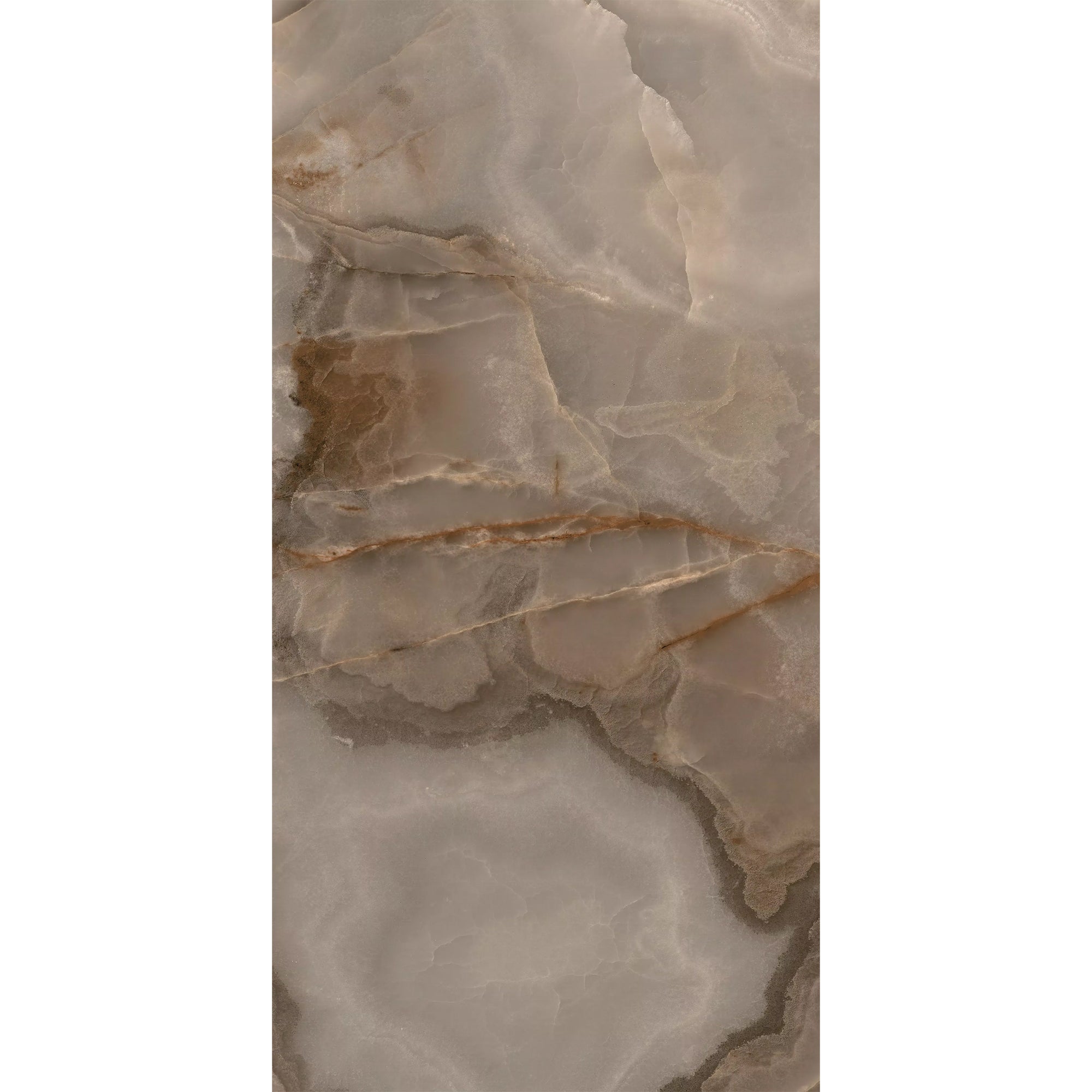 Sample of the Rêves Choco Onyx-effect porcelain tile in gloss, supplied by Deluxe Bathrooms.