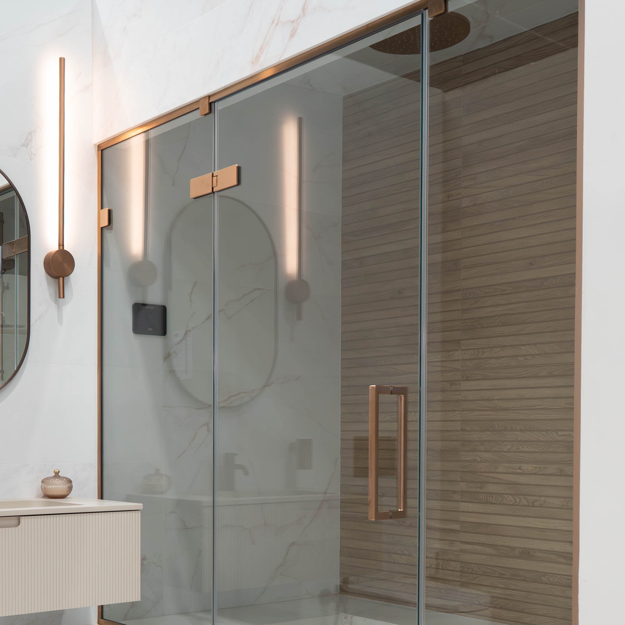 Aureo Ten Hinge Shower Door with 2 Inline Panels In Recess - Brushed Bronze