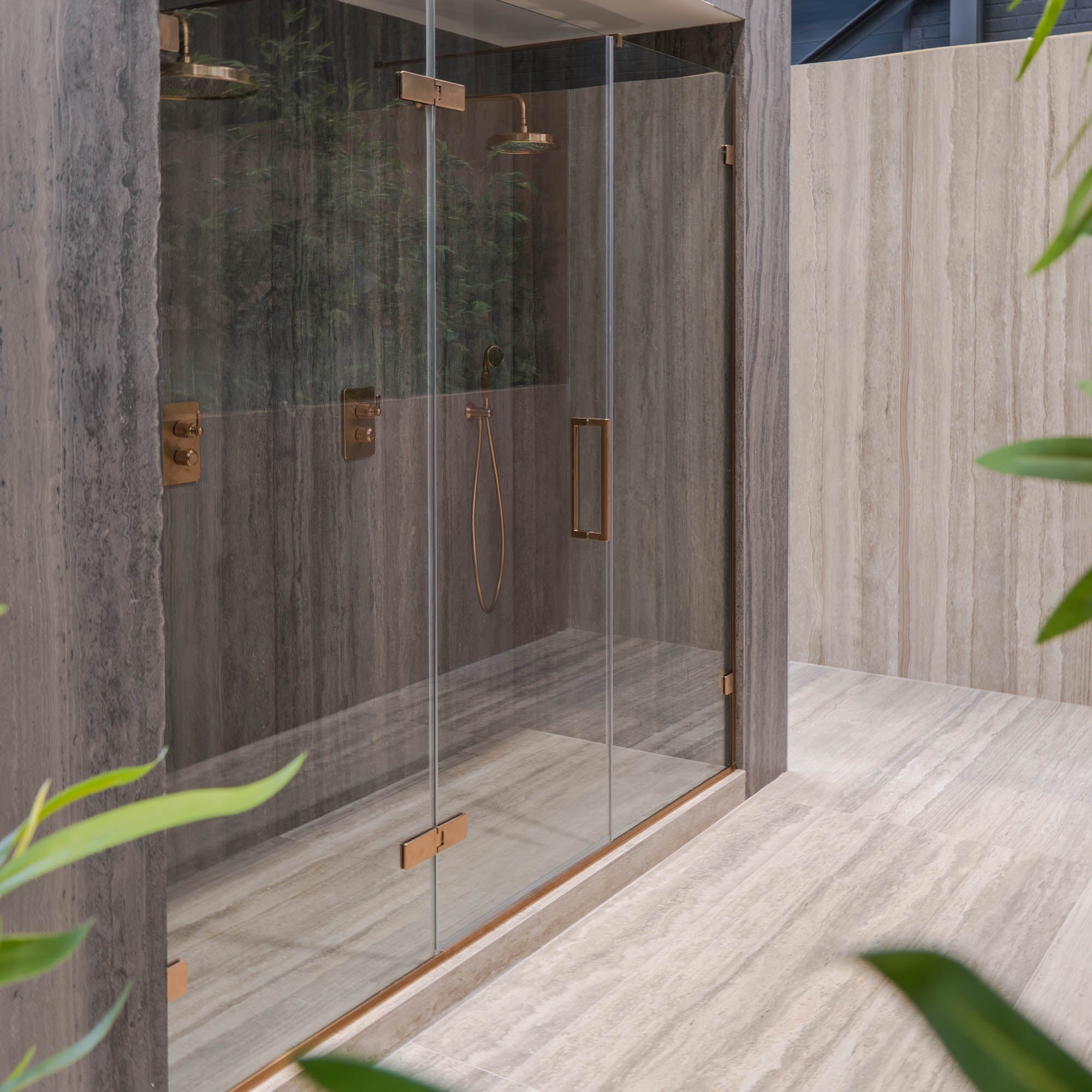 Aureo Ten Hinge Shower Door with 2 Inline Panels In Recess - Brushed Bronze