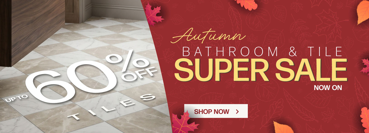 Promotional banner for an autumn bathroom and tile sale, featuring a large red right side with text reading 'Autumn Bathroom & Tile Super Sale Now On' and a white 'Shop Now' button, plus a left side showing a beige tiled floor with large '60% OFF' text.
