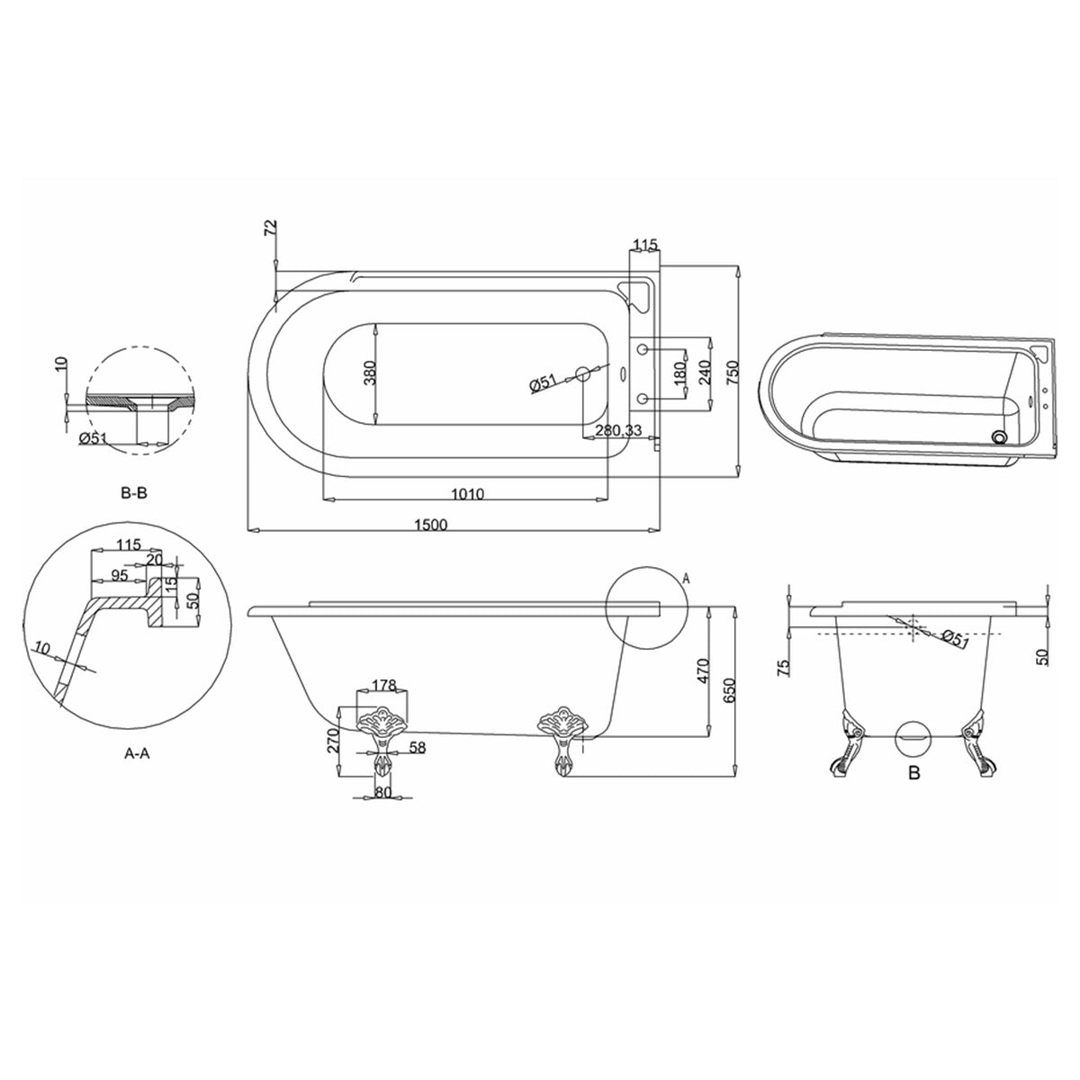 Burlington Hampton Right 1500mm Diagram Deluxe Bathrooms Ireland