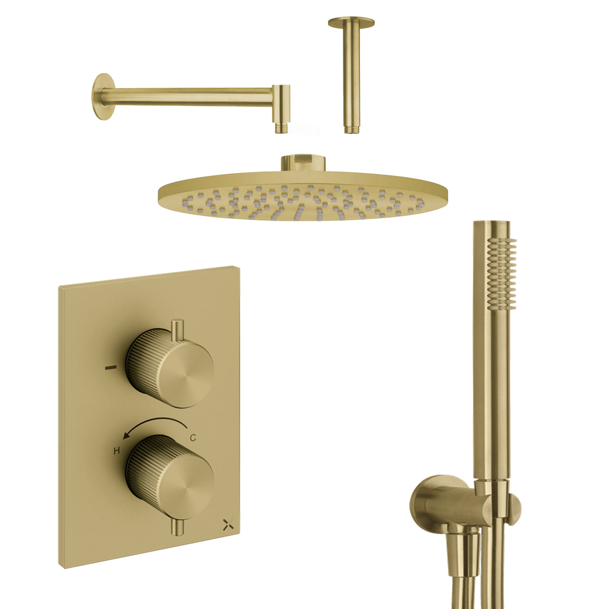 Crosswater 3ONE6 Dual Outlet Thermostatic Shower Valve With Pencil Handset and Fixed Overhead Brushed Brass