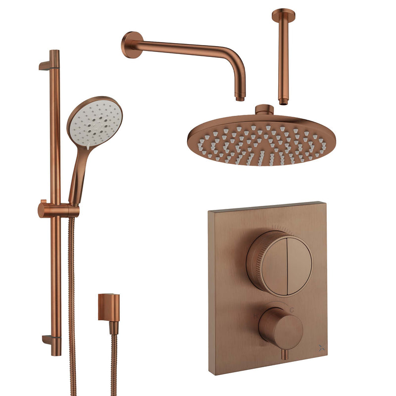 Crosswater MPRO Push Dual Outlet Thermostatic Shower Valve With Pencil Handset and Fixed Overhead Brushed Bronze
