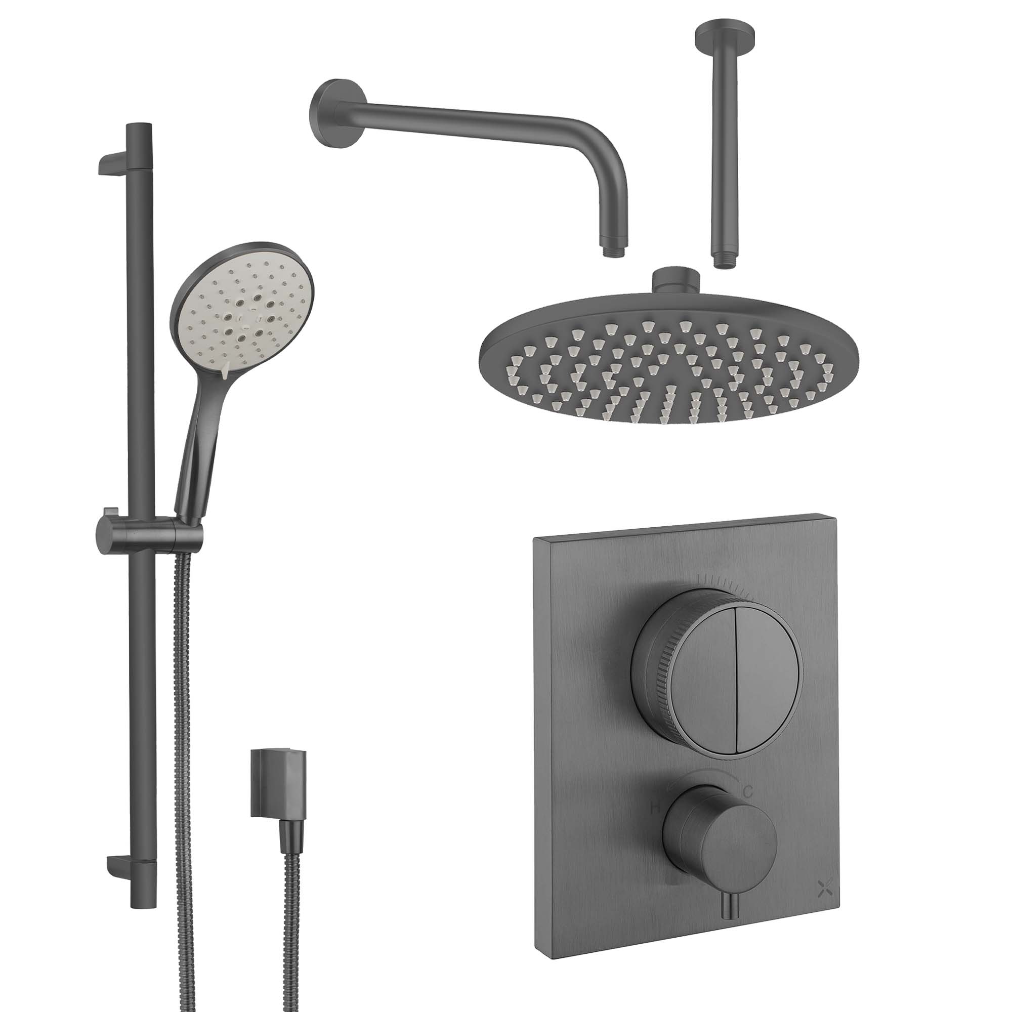 Crosswater MPRO Push Dual Outlet Thermostatic Shower Valve With Pencil Handset and Fixed Overhead Slate
