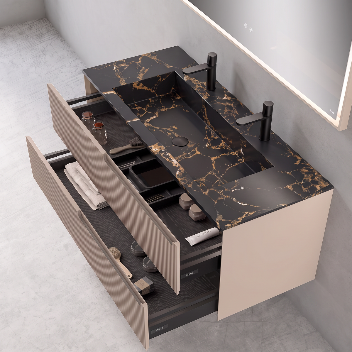 A modern wall-mounted bathroom vanity with a black and gold marble-look countertop, integrated rectangular sink, two black faucets, and beige ribbed drawers shown open to reveal storage compartments.
