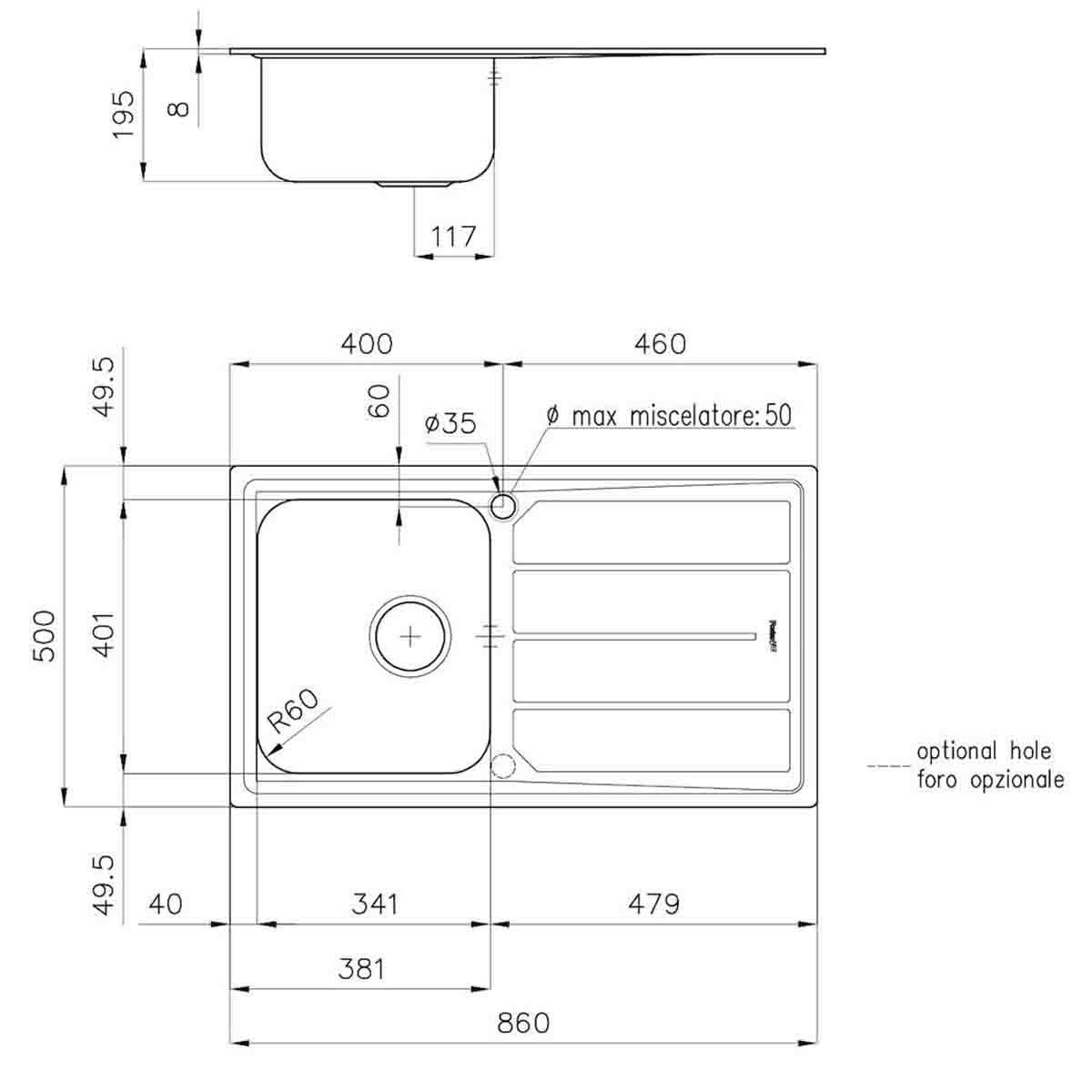 Foster Elettra Kitchen Sink with Draining Board Brushed Stainless Steel Dimensions