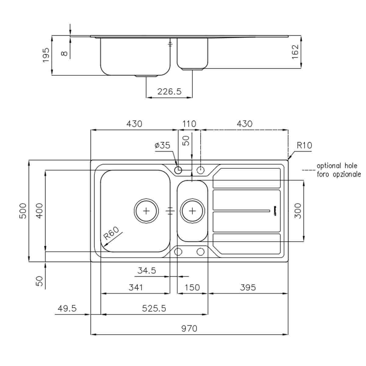 Foster Elettra Single Bowl Kitchen Sink with-Drainer Bowl Brushed Stainless Steel Dimensions