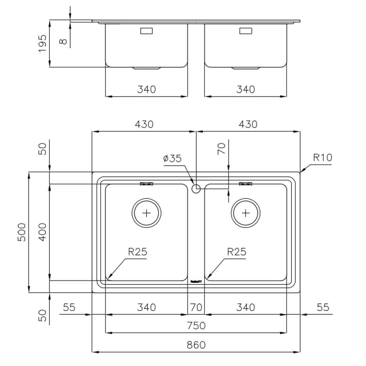 Foster Evo Double Bowl Kitchen Sink 860x500mm Dimensions