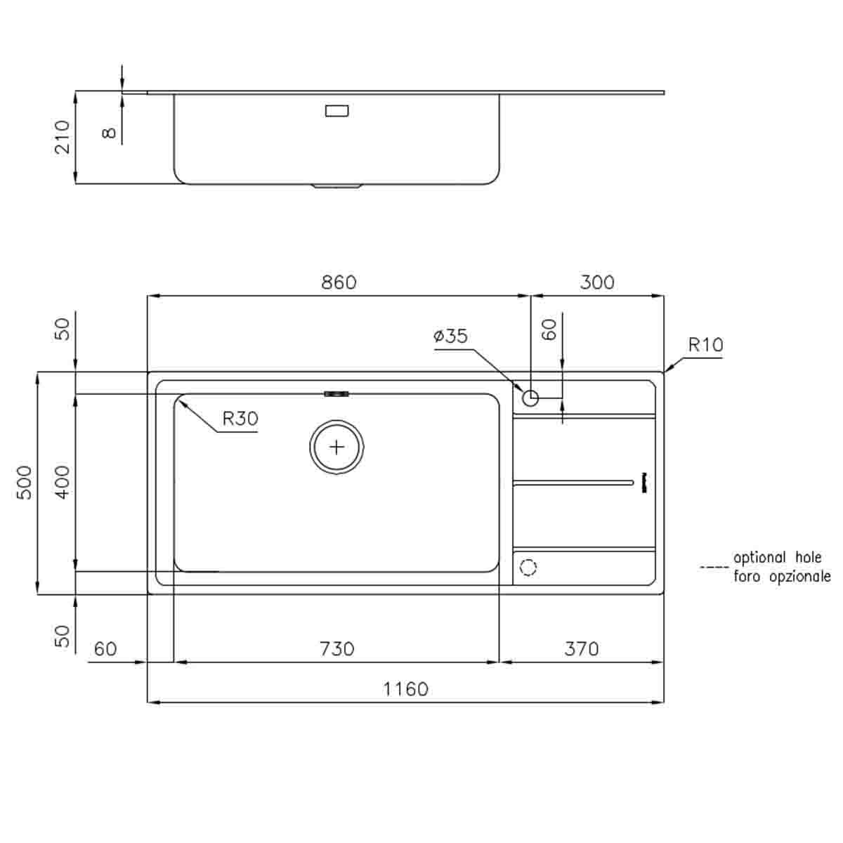 Foster Evo Kitchen Sink with Draining Board Right Handed 1160x500mm Dimensions