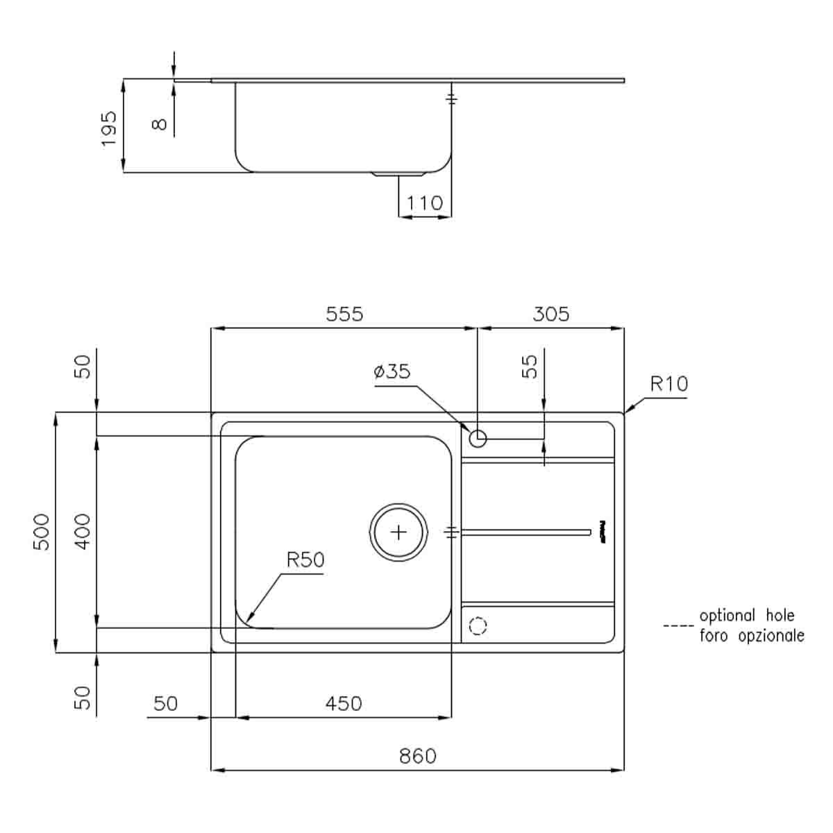 Foster Evo Kitchen Sink with Draining Board Left Handed 860x500mm Dimensions