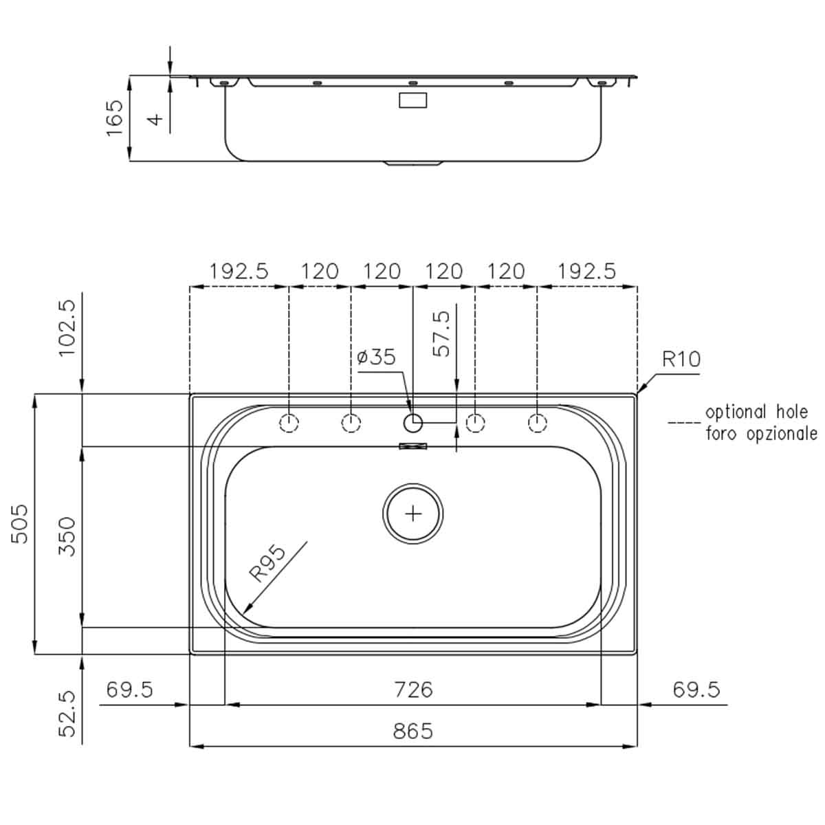 Foster S1000 Kitchen Sink 726x350mm Dimensions