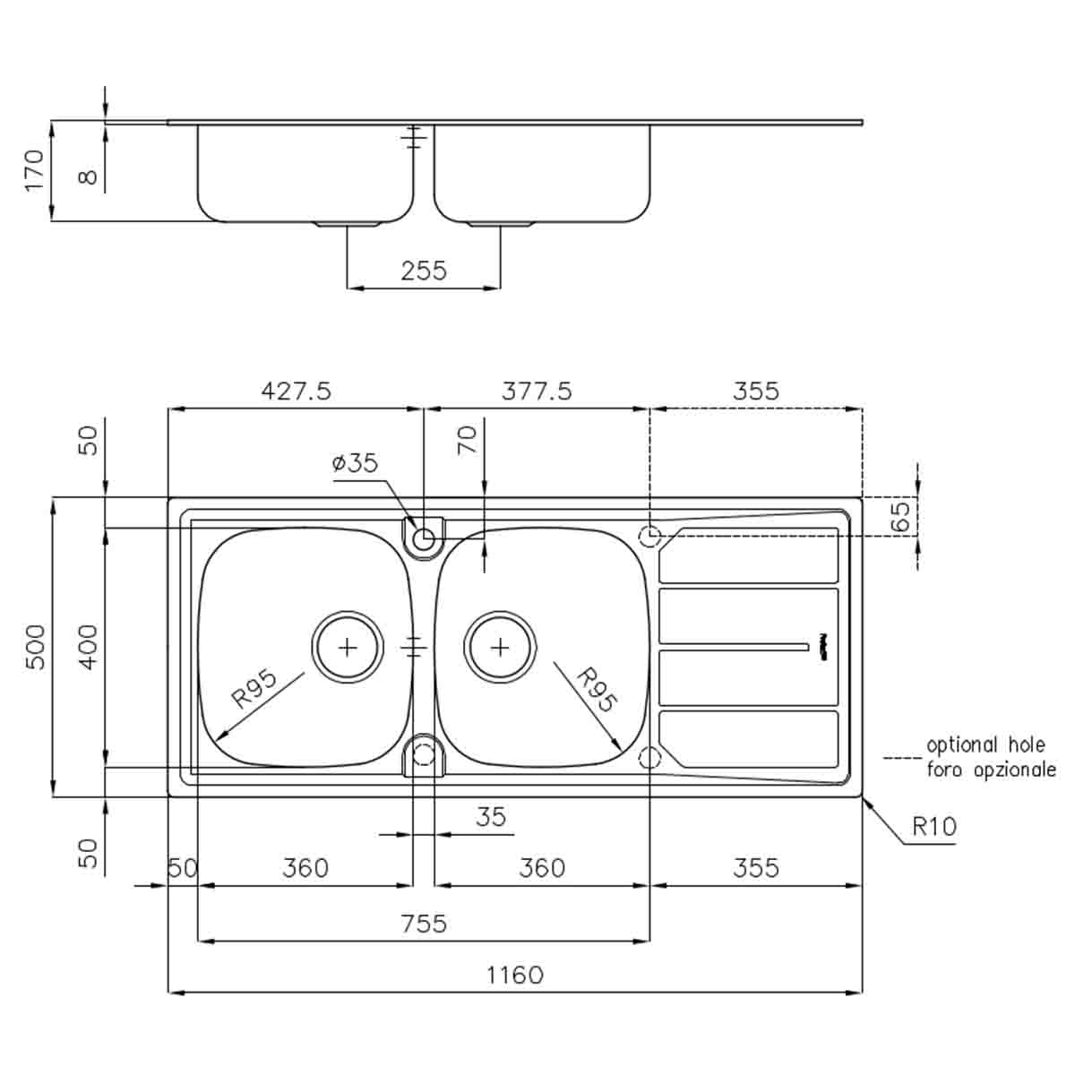 Foster S1000 Kitchen Sink with Draining Board Right Handed 1160x500mm Dimensions