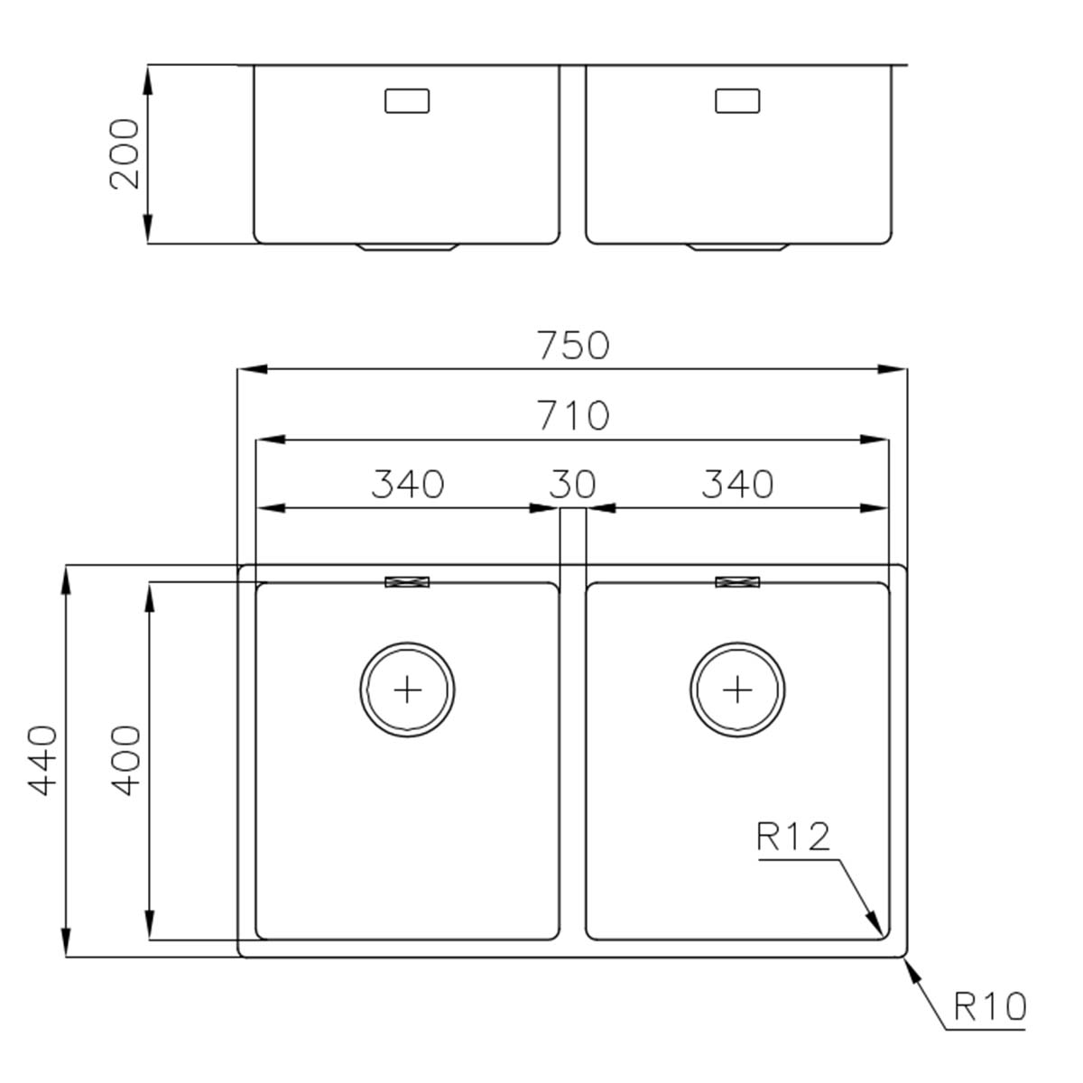 Foster S4001 Double Kitchen Sink 750x400mm Dimensions