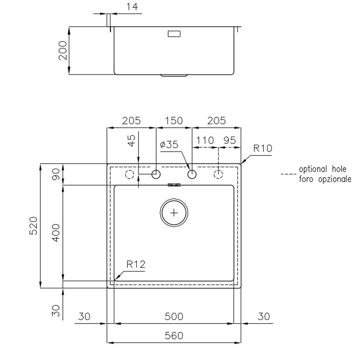 Foster S4001 Filotop Kitchen Sink 520x560mm Dimensions