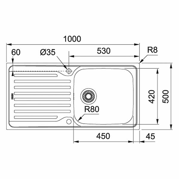 Franke Antea top mounted kitchen sink with drainboard polished stainless steel 1000x500mm Dimensions