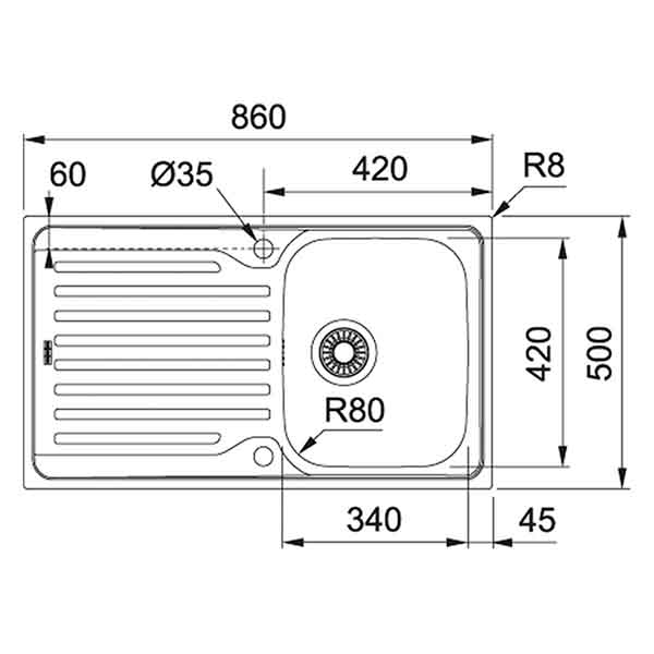Franke Antea top mounted kitchen sink with drainboard polished stainless steel 860x500mm Dimensions