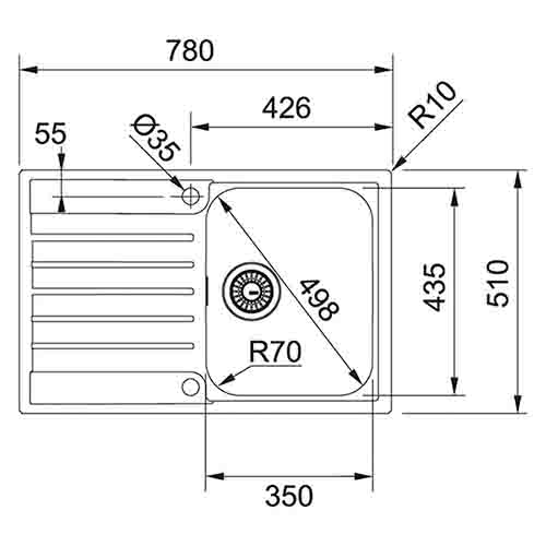 Franke Argos top mounted kitchen sink drainboard stainless steel 780x510mm dimensions