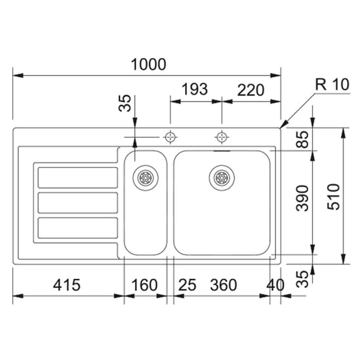 Franke Epos 1.5 bowl top mounted kitchen sink drainboard RH 1000x510mm Dimensions