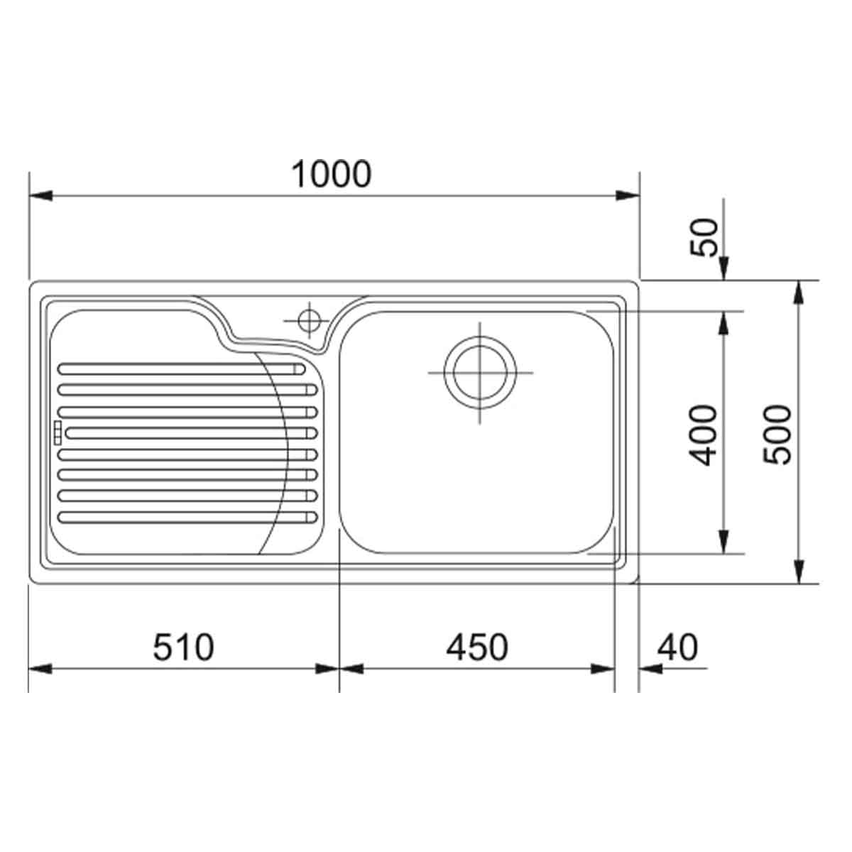 Franke Galassia top mounted kitchen sink drainboard RH 1000x500mm dimensions