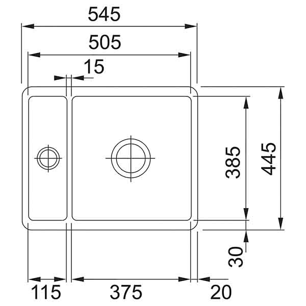 Franke Kubus KBK 110 60 1.5 Bowl Ceramic Undermount Kitchen Sink 545x505mm Dimensions