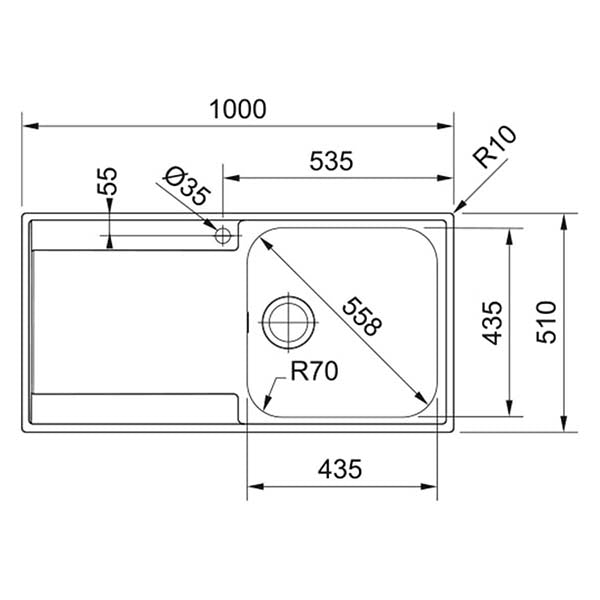 Franke Maris top mounted kitchen sink drainboard 1000x510mm dimensions