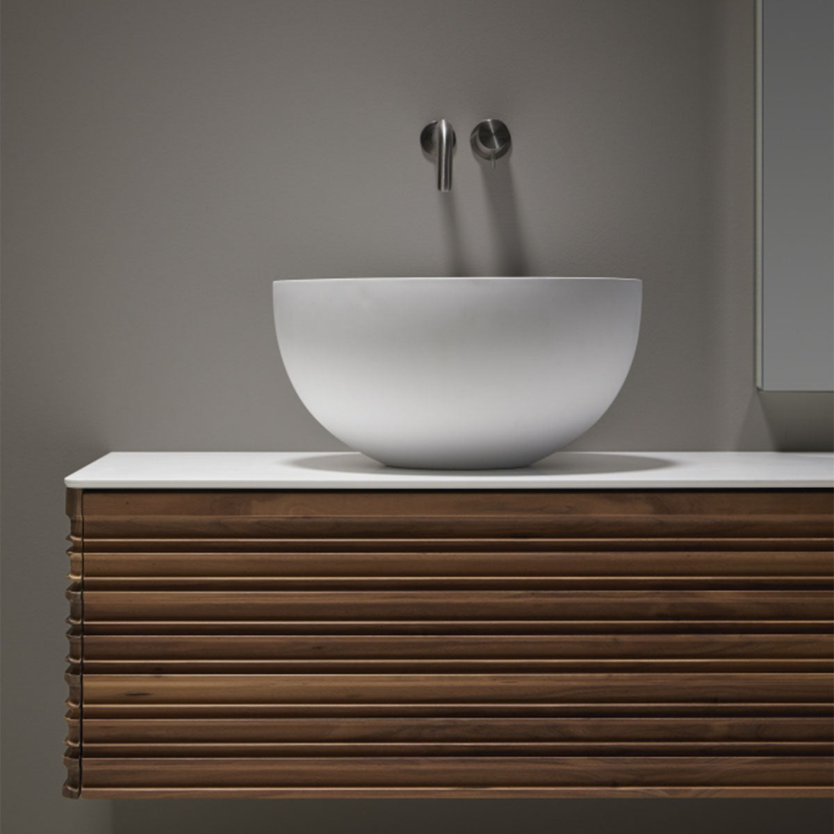 Gothenburg Walnut 1000 Single Drawer Wall Hung Vanity Unit With Solid Surface Worktop
