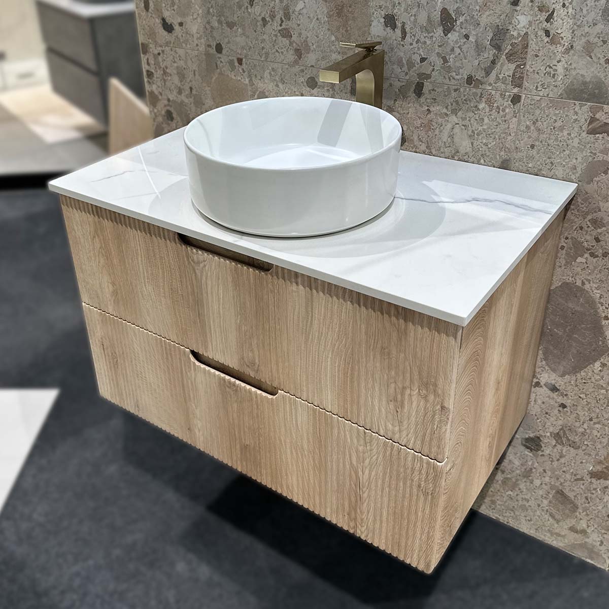 Granlusso Opus Oak Fluted Wall Mounted Vanity Unit With Marble Effect Worktop