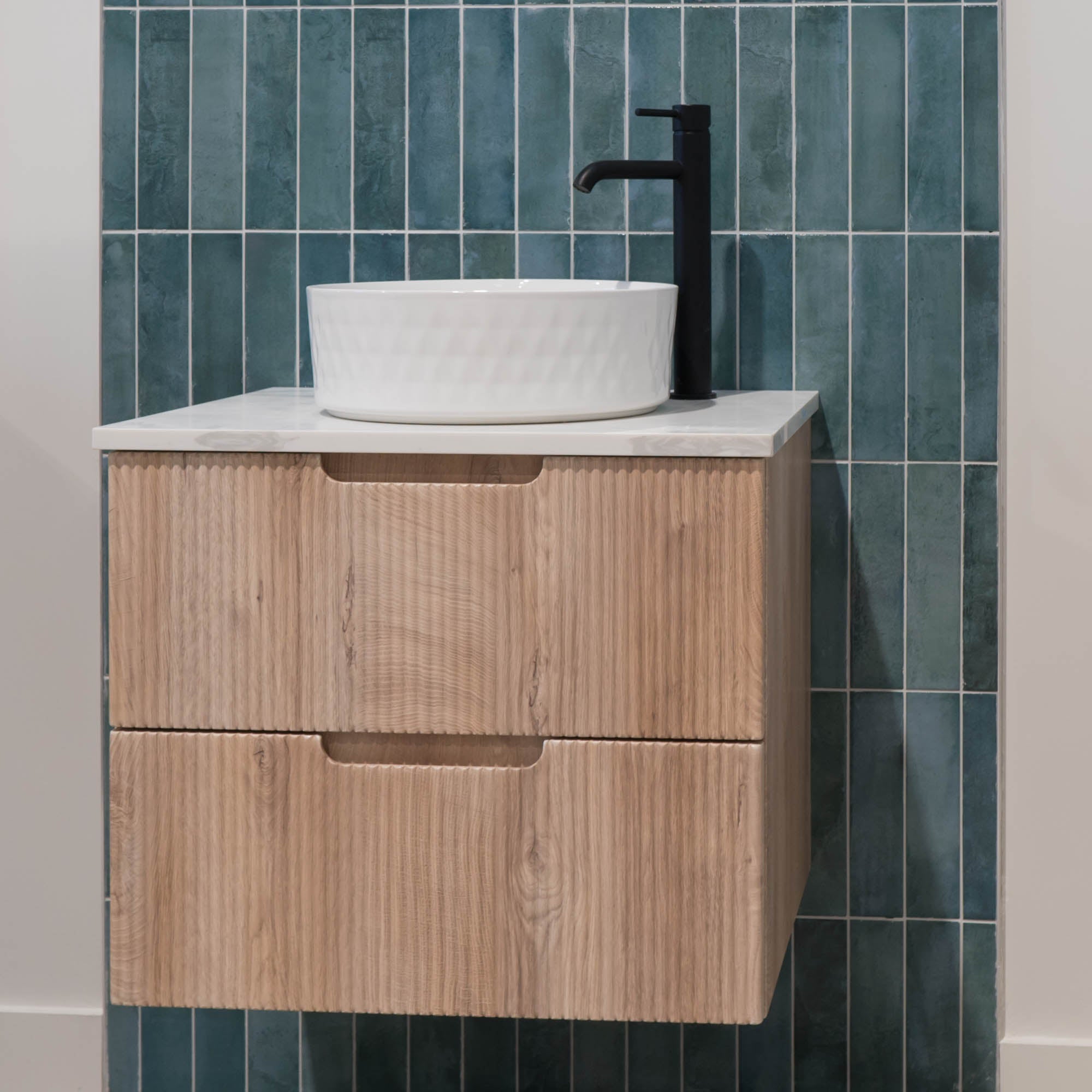 Granlusso™ Opus Oak Fluted Wall Mounted Vanity Unit With Carrara Marble Effect Worktop