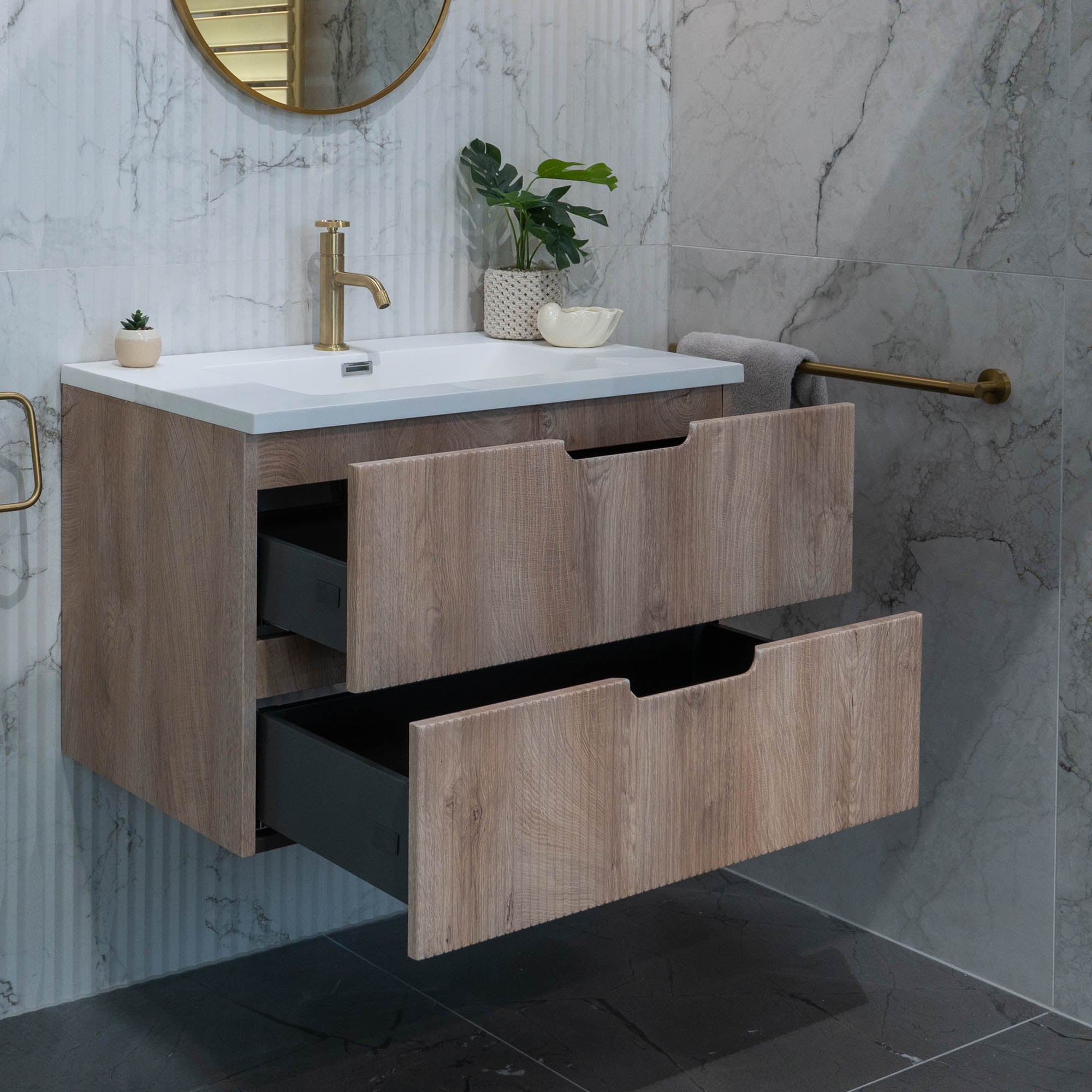 Granlusso Opus Oak Fluted Wall Mounted Vanity Unit With Solid Surface Washbasin