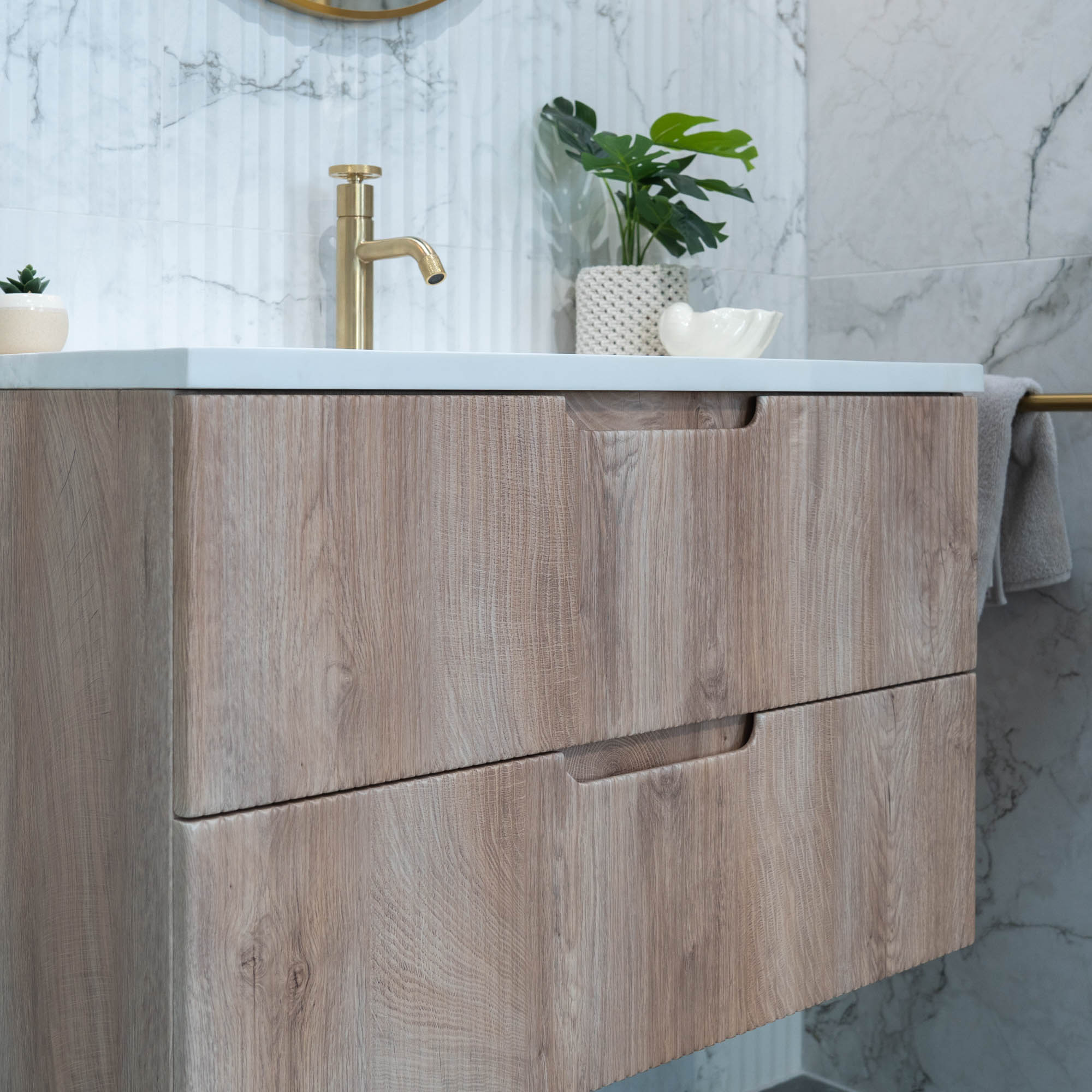 Granlusso Opus Oak Fluted Wall Mounted Vanity Unit With Solid Surface Washbasin