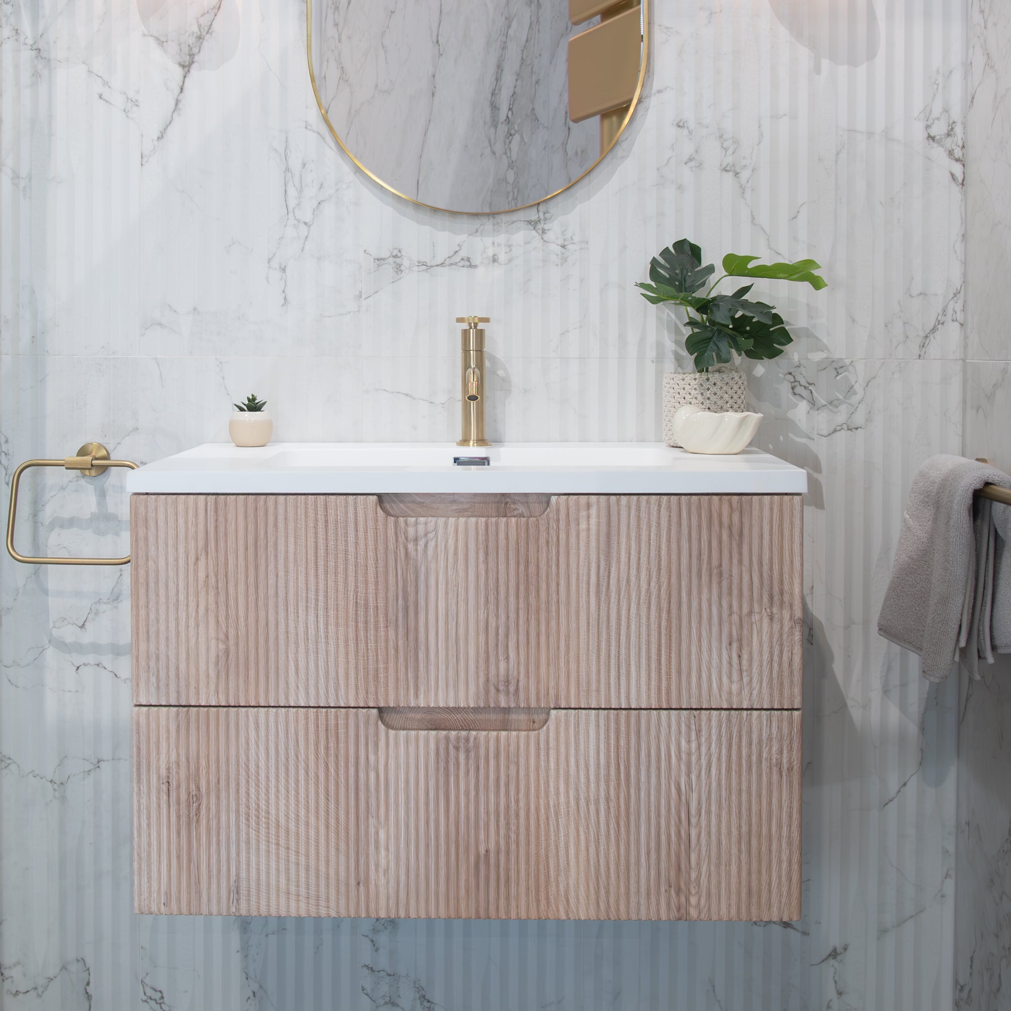 Granlusso™ Opus Oak Fluted Wall Mounted Vanity Unit With Solid Surface Washbasin