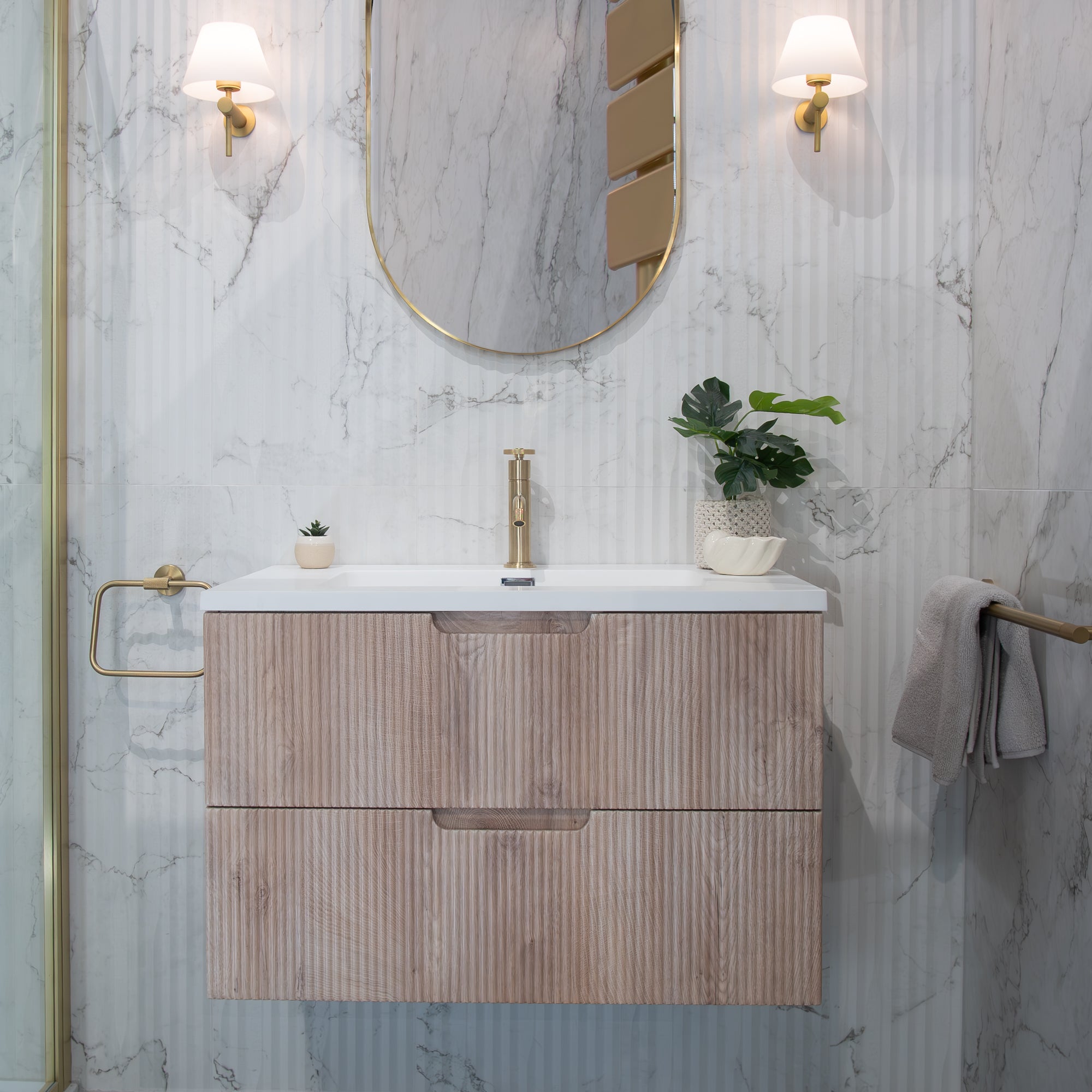 Granlusso™ Opus Oak Fluted Wall Mounted Vanity Unit With Solid Surface Washbasin