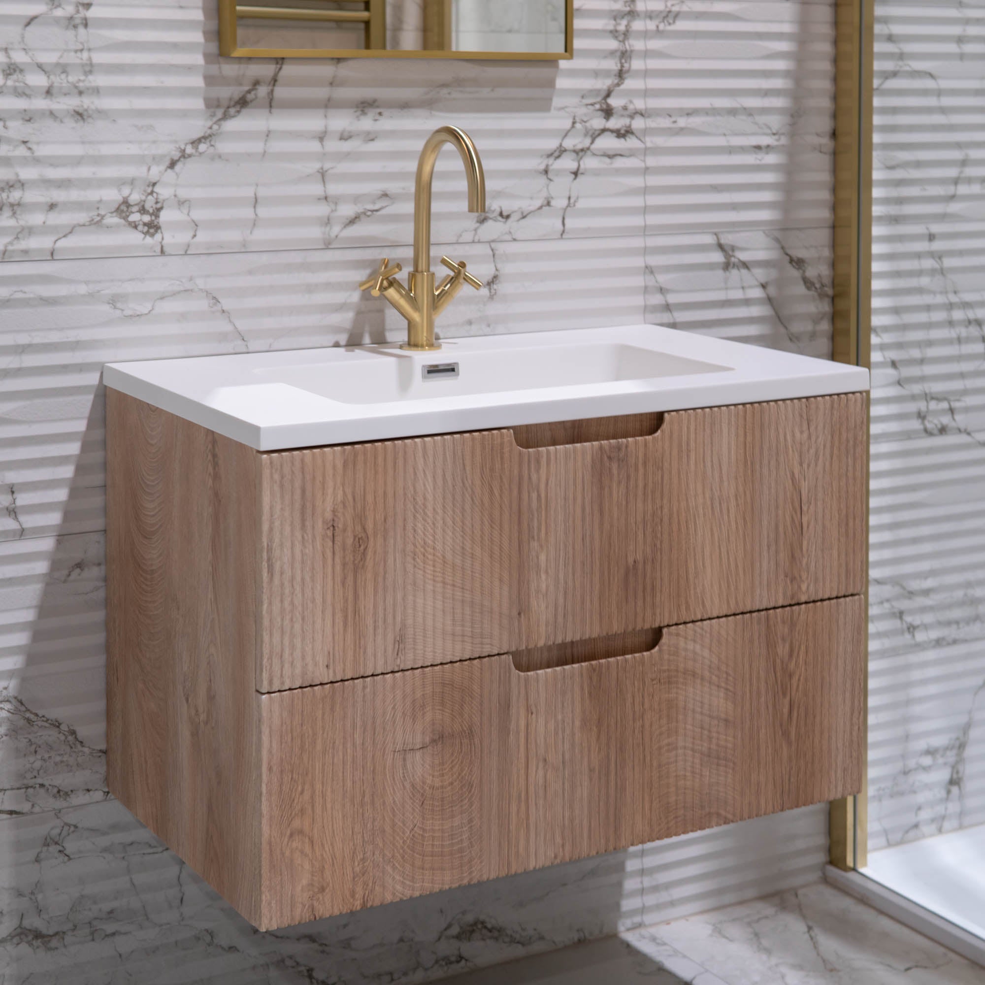 Granlusso™ Opus Oak Fluted Wall Mounted Vanity Unit With Solid Surface Washbasin