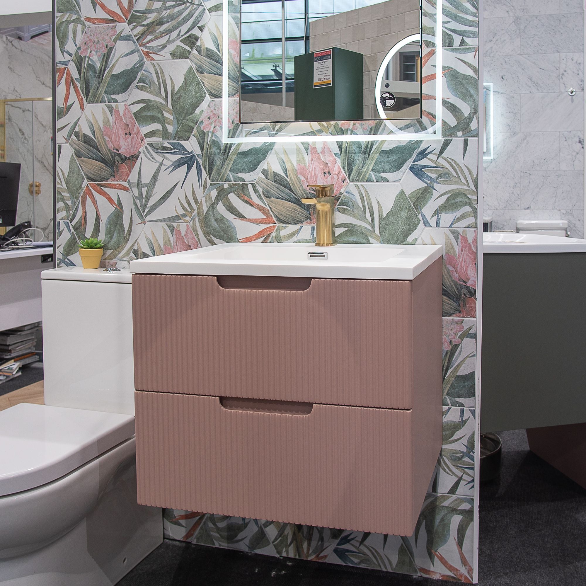 Granlusso Opus Pink Fluted Wall Mounted Vanity Unit With Solid Surface Washbasin