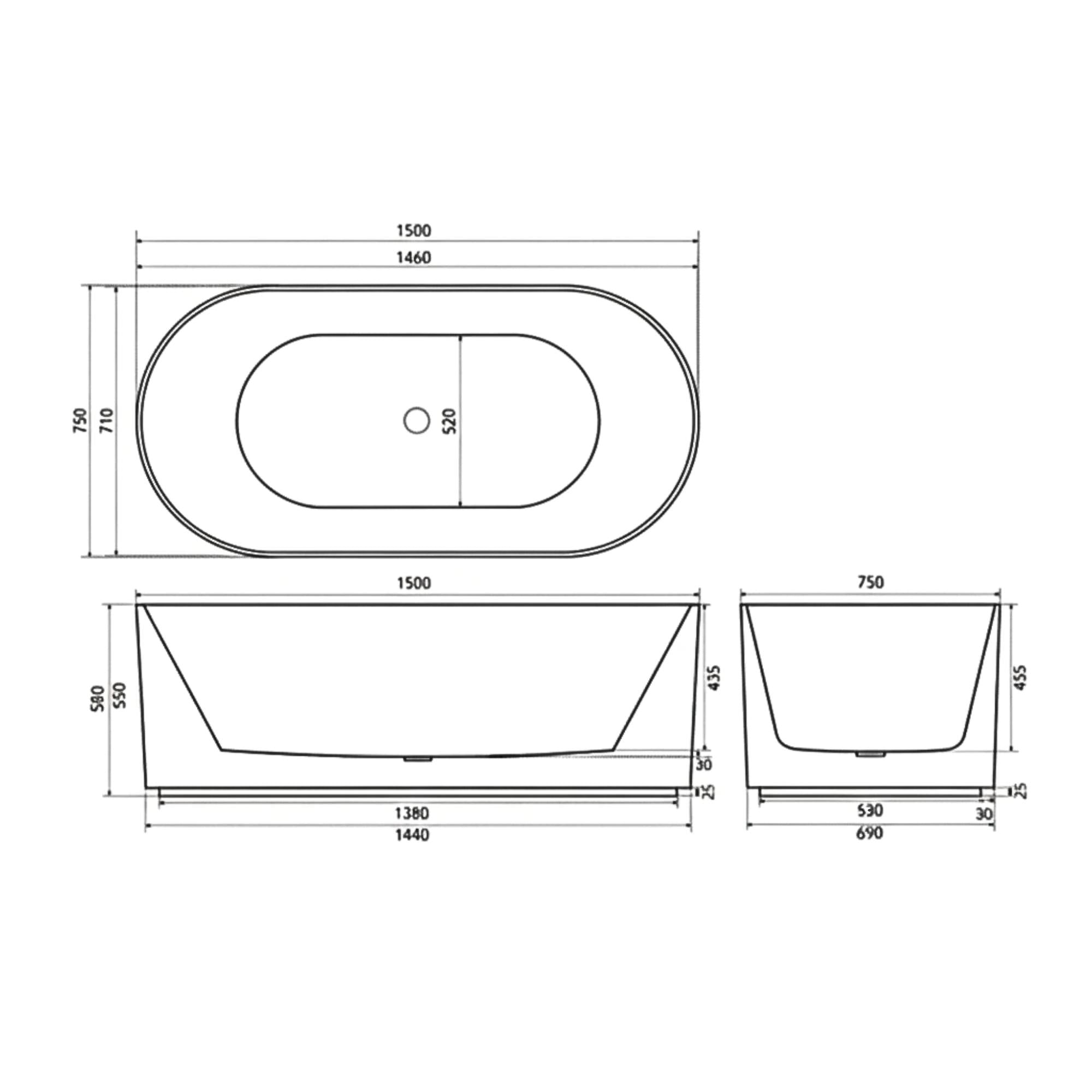 Granlusso Sant Andrea 1700 fluted acrylic freestanding bath diagram