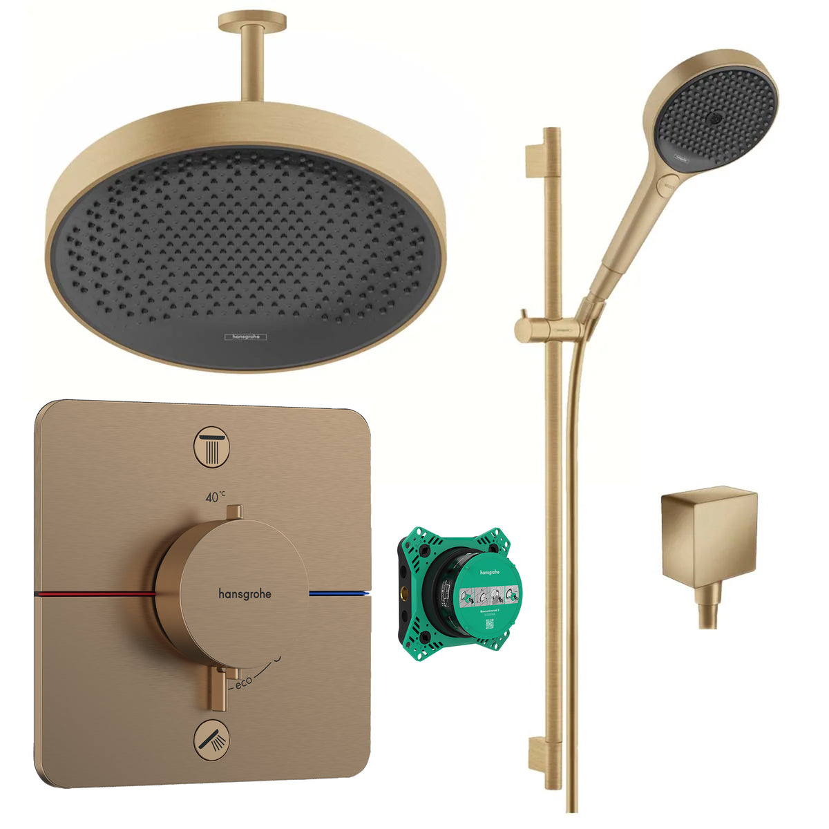 Hansgrohe Square 2 Outlet Push Thermostatic Valve with Rainfinity 360 Overhead and Slide Rail Kit Brushed Bronze