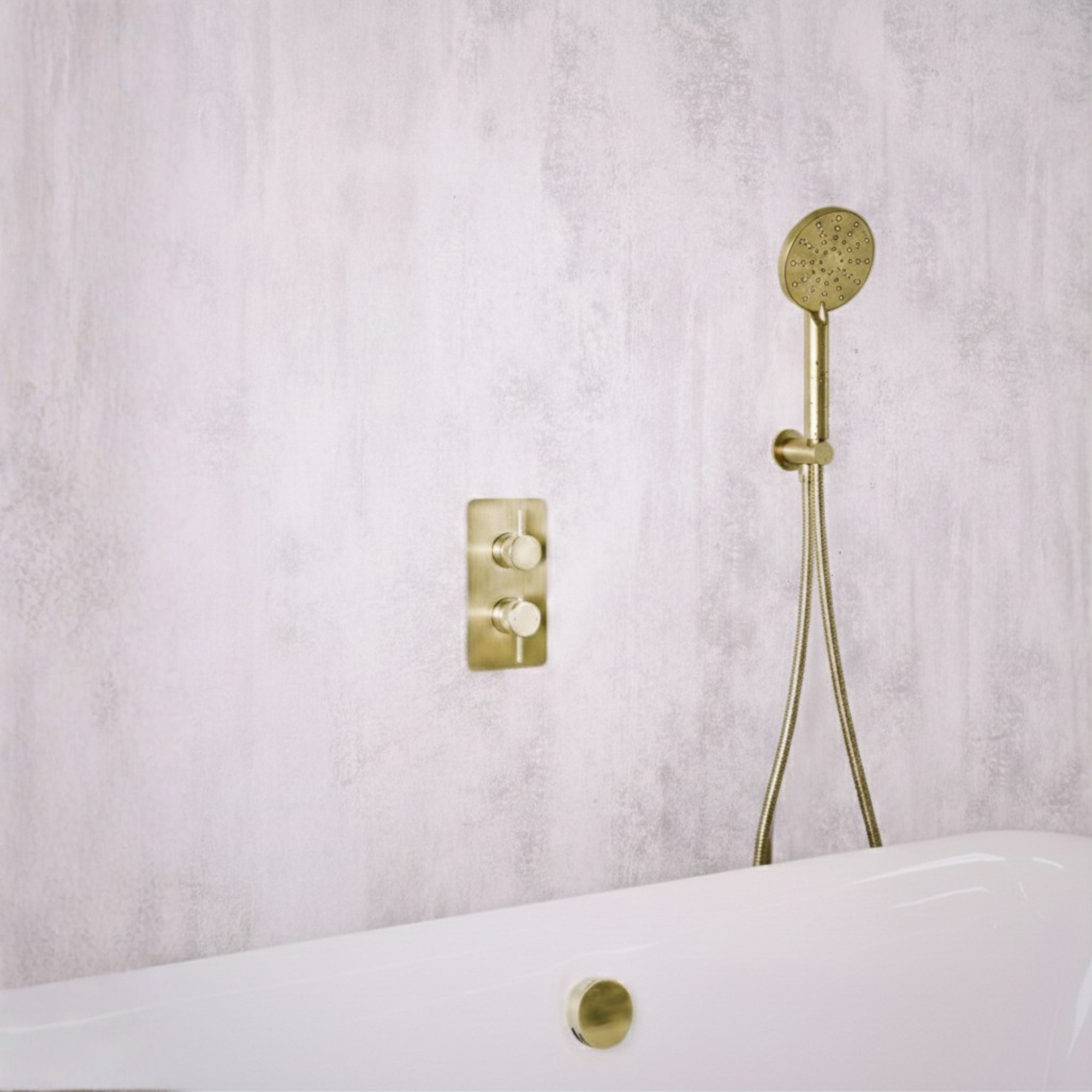 Kyloe Minimal Bath Valve, Filler, Outlet & Handset in Brushed Brass Finish
