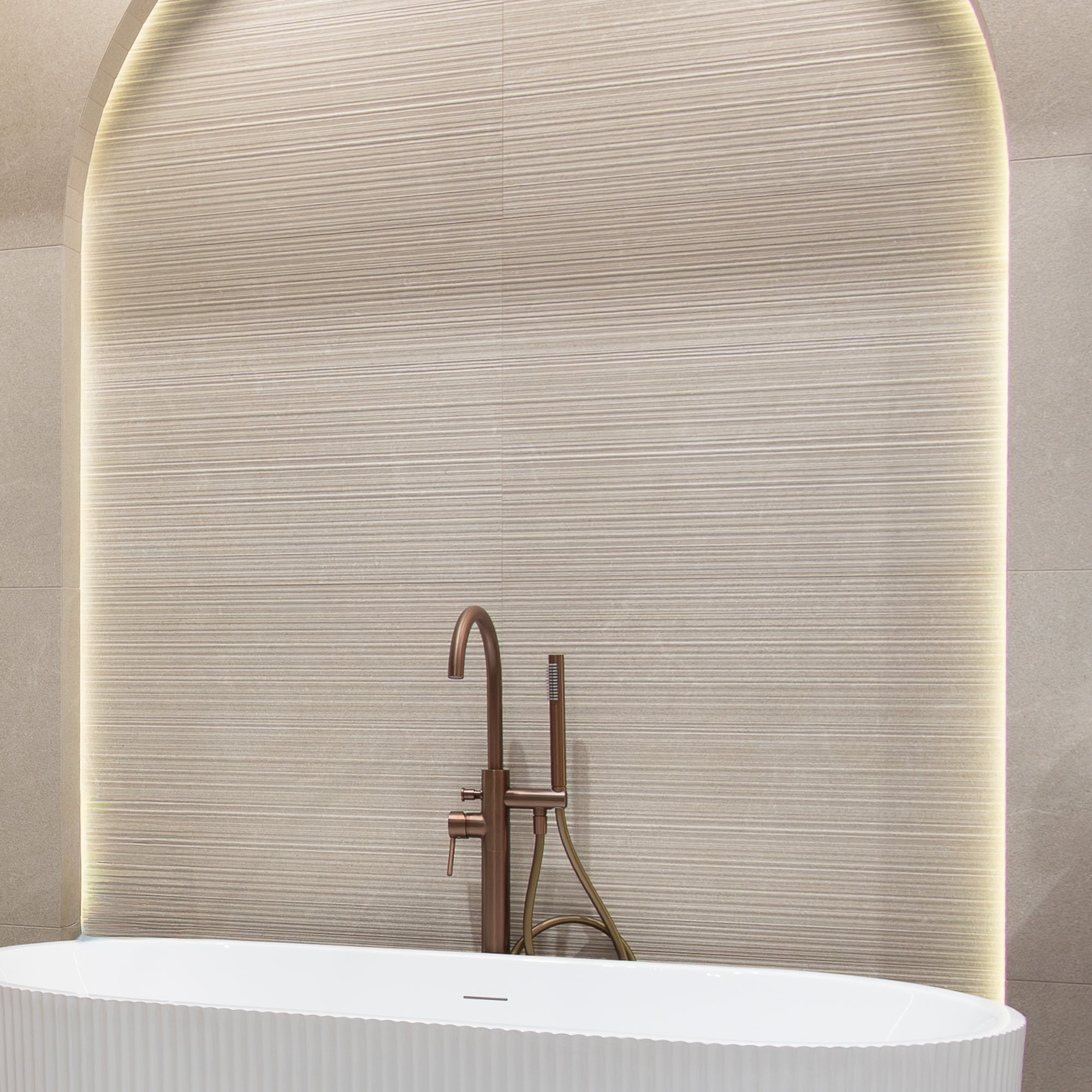Natural Ivory Ribbed Stone Effect Porcelain Tile 60x120cm Matt at deluxe bathrooms