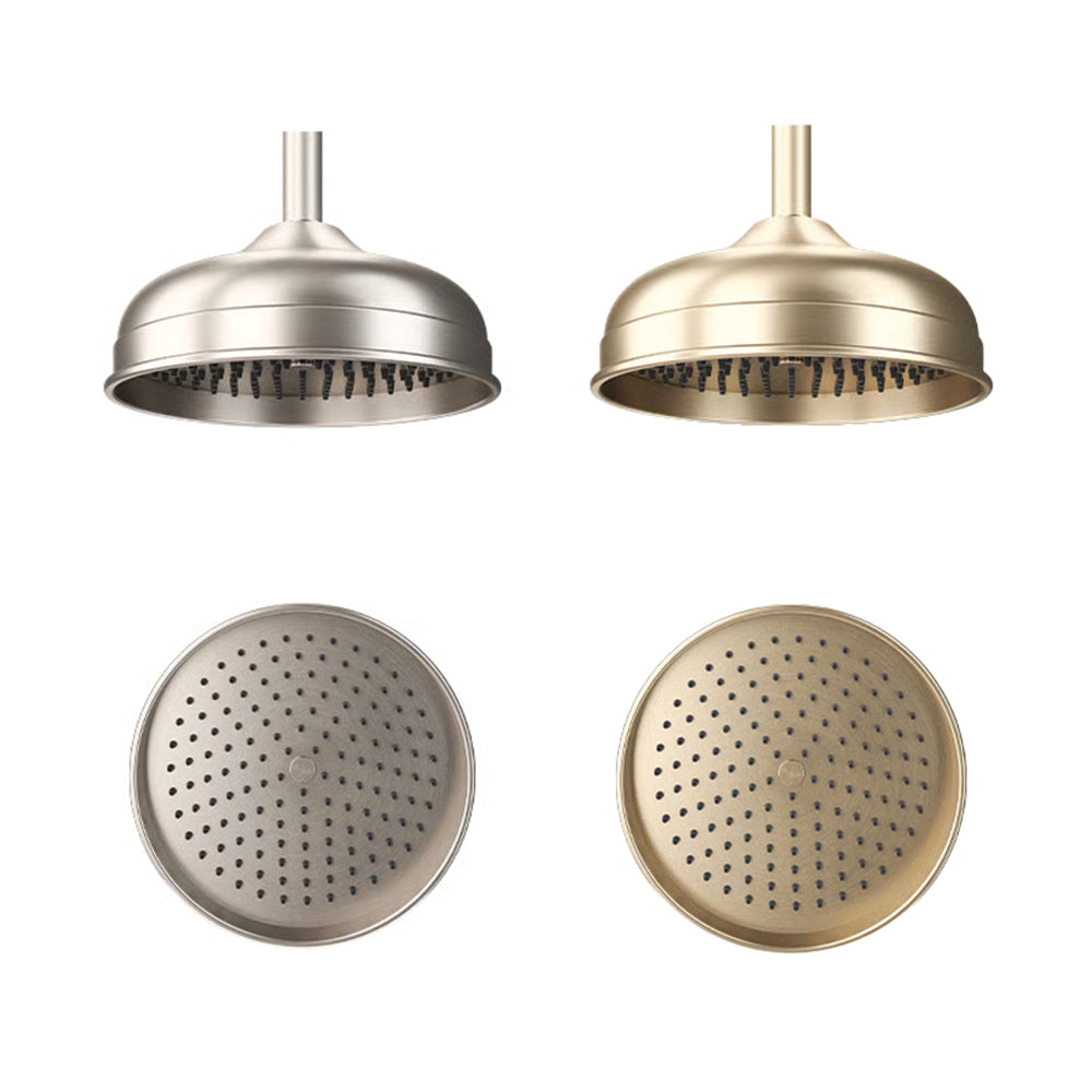 Side by Side Comparison of the Belgravia 200mm Shower Head in Brushed Nickel and Brushed Brass, supplied by Deluxe Bathrooms.