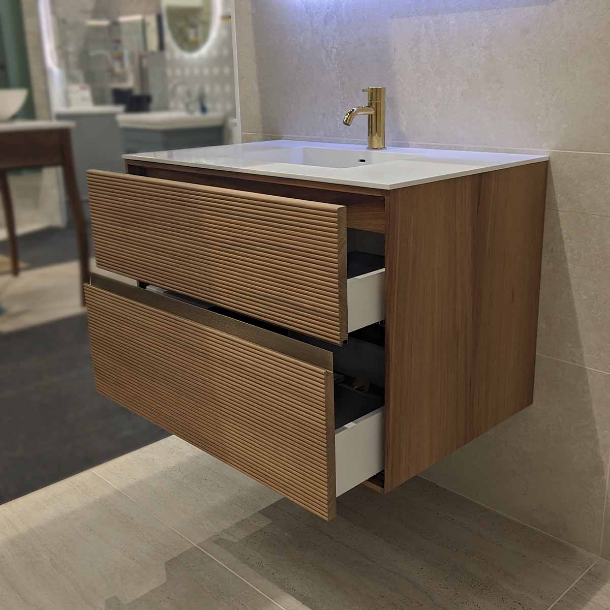 Stockholm Iroko 820 Double Drawer Wall Hung Vanity Unit With Solid Surface Washbasin