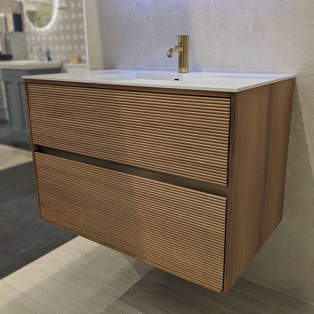 Stockholm Iroko 820 Double Drawer Wall Hung Vanity Unit With Solid Surface Washbasin