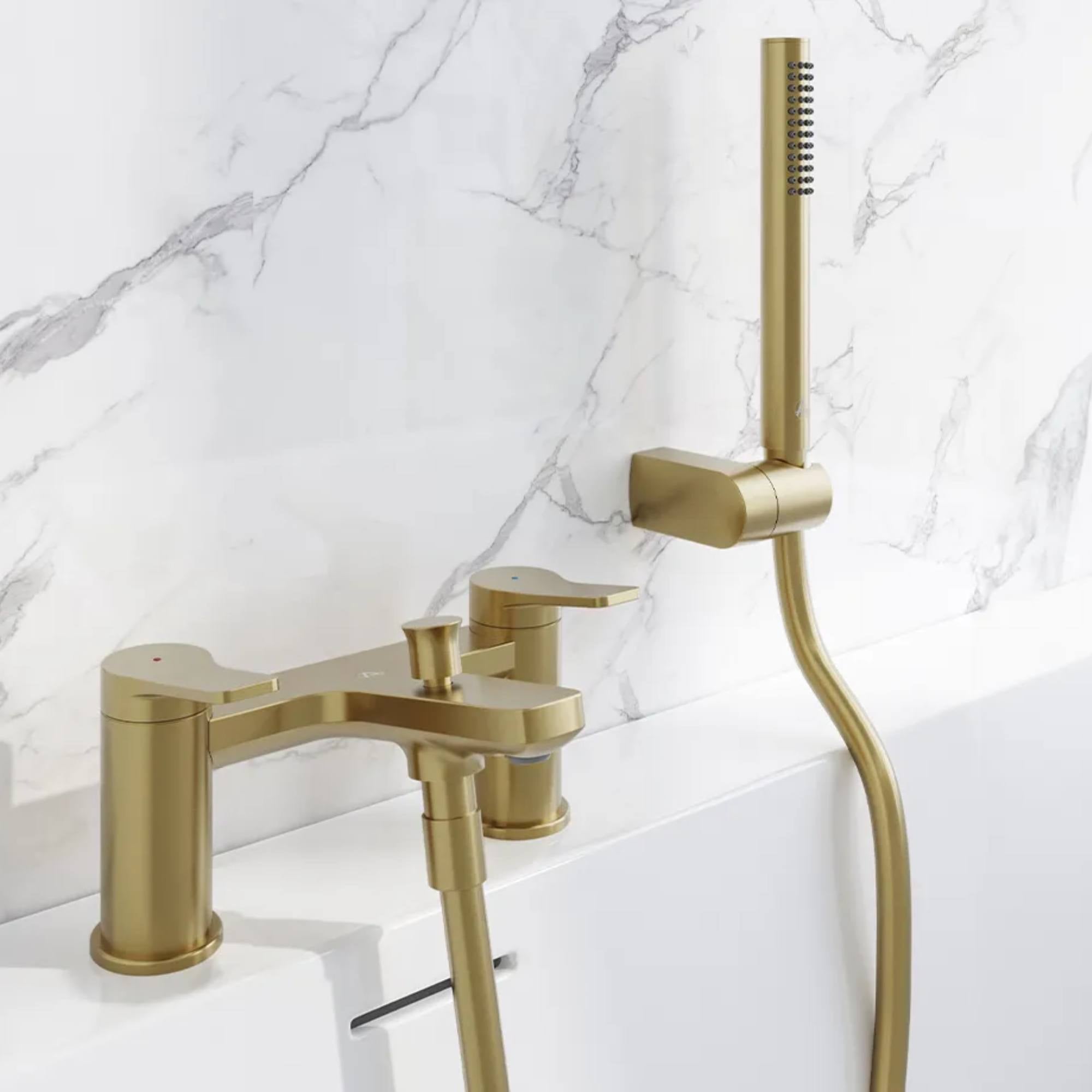 Agora Deck Mounted Bath Shower Mixer with Handset in Brushed Brass Deluxe bathrooms, ireland