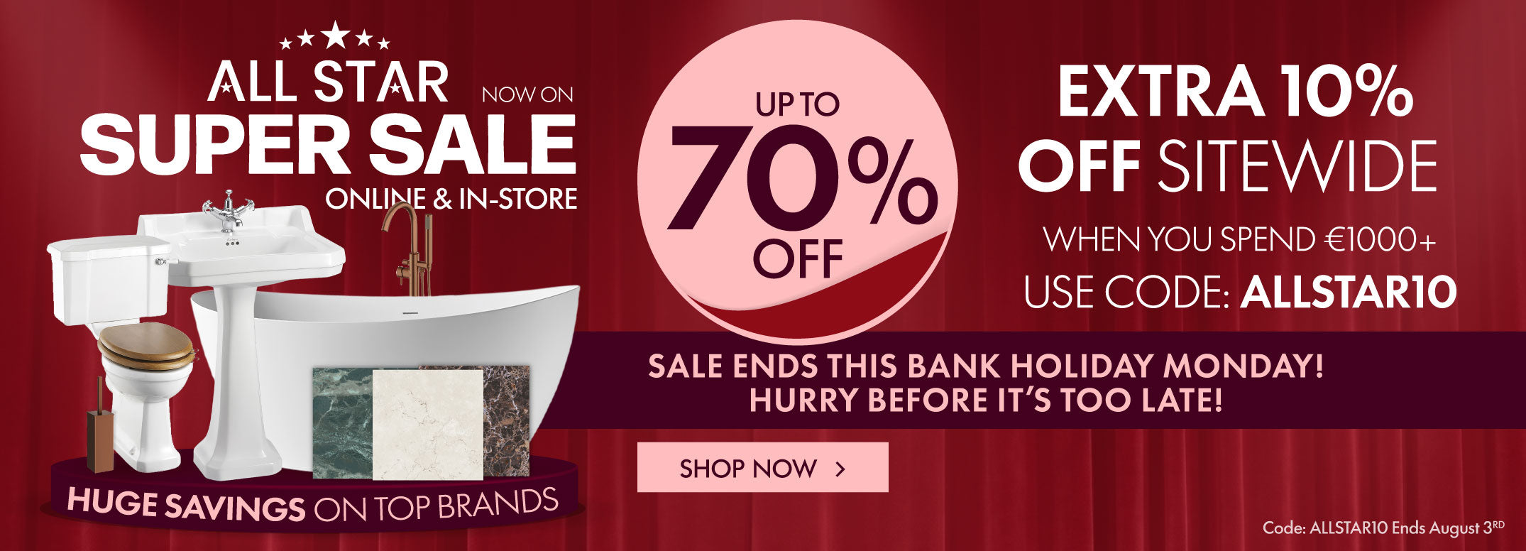 A promotional sale banner with a dark red background, featuring text for an 'All Star Super Sale' and 'Extra 10% Off Sitewide' with a large '70% OFF' circle, plus bathroom product photos on the left and a 'Shop Now' button.