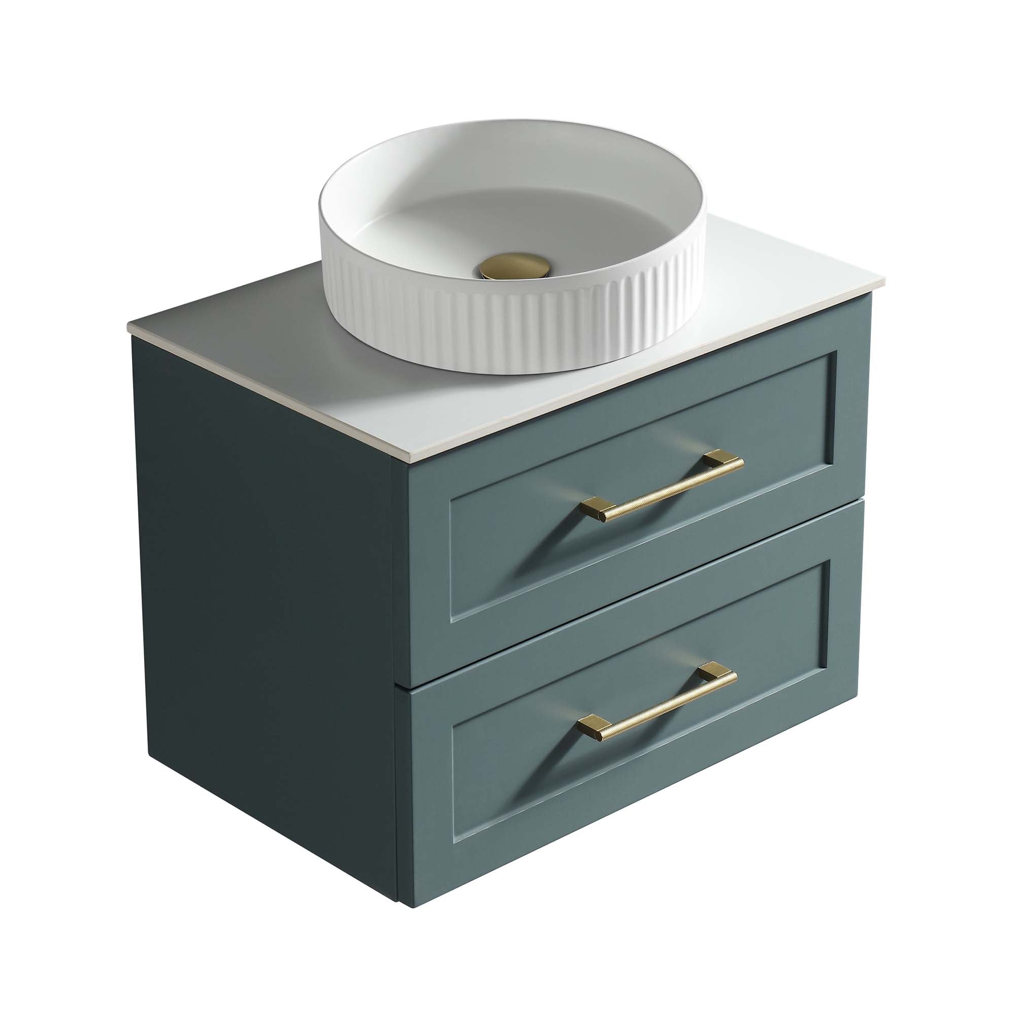 alton 600 wall mounted 2 drawer vanity unit with sintered stone worktop smoked sage