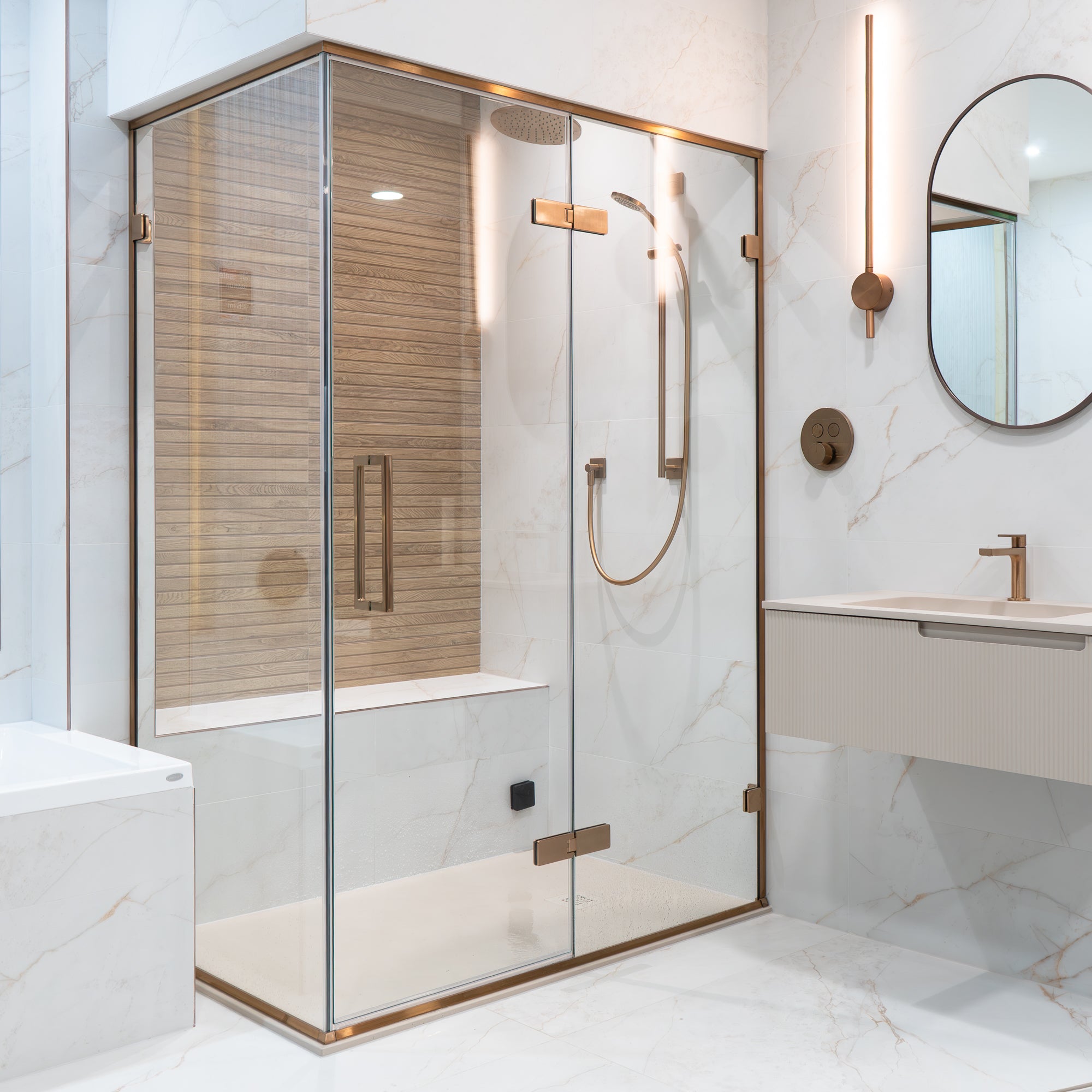 Aureo Ten Hinge And Inline Shower Door With Side Panel - Brushed Bronze