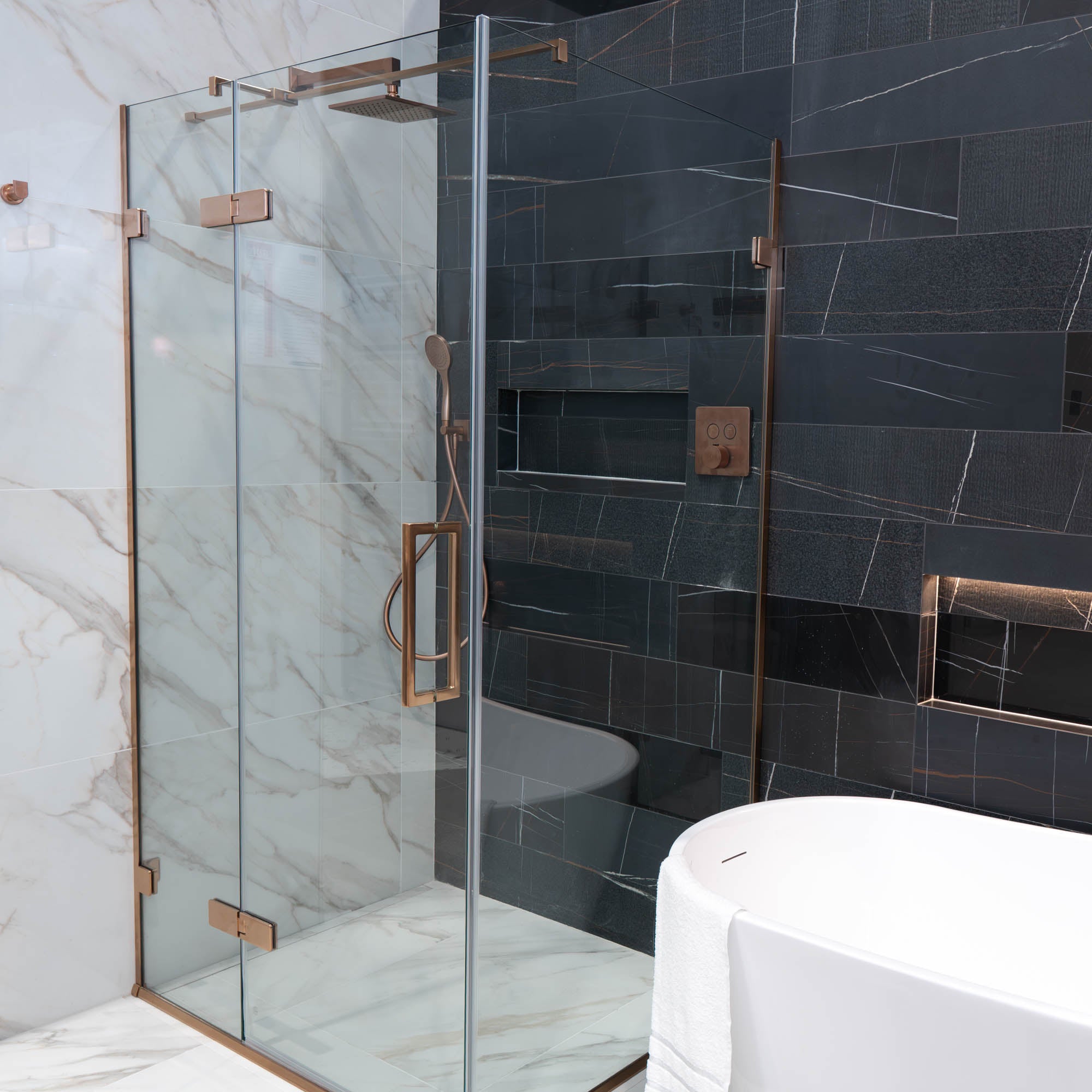 Aureo Ten Hinge And Inline Shower Door With Side Panel - Brushed Bronze