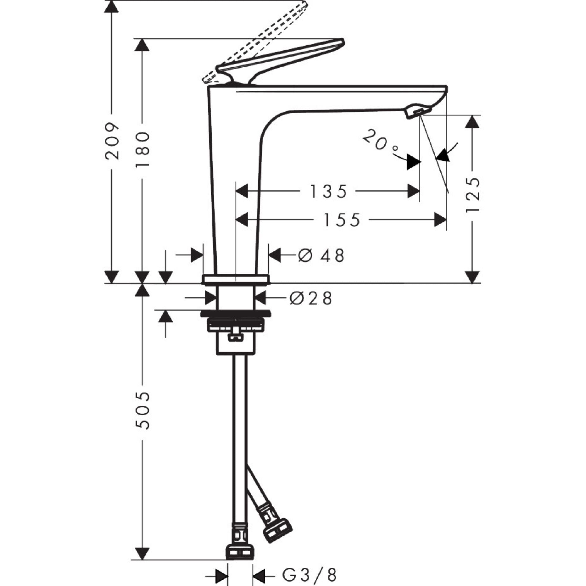 Axor Citterio C 125 Single Lever Basin Mixer Tap With Waste Cubic Cut Technical Drawing